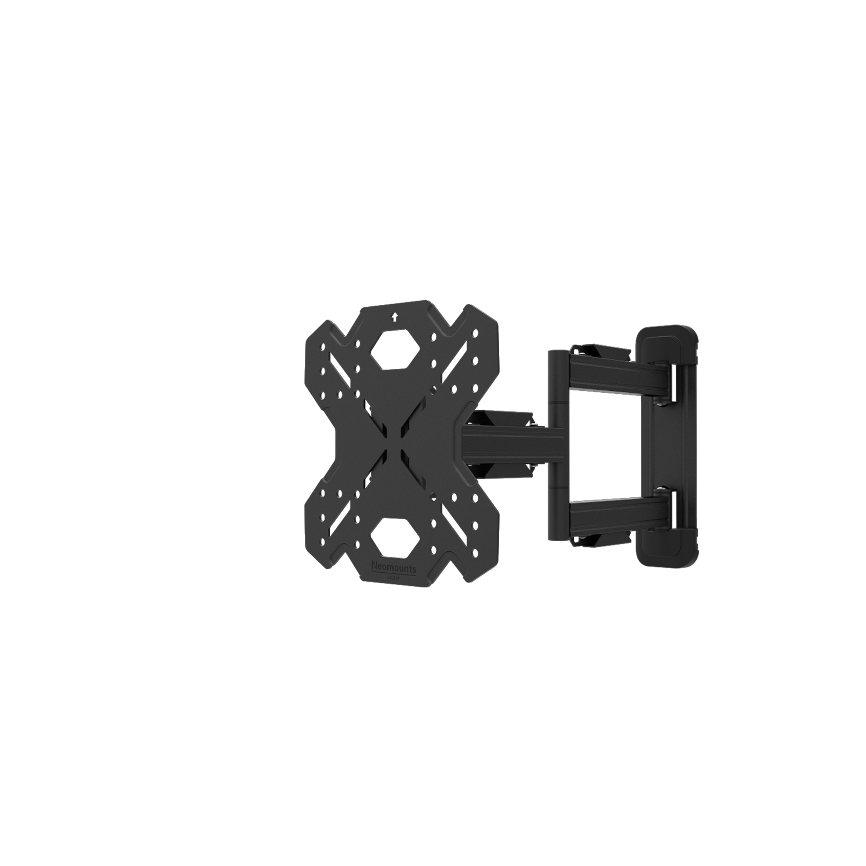 Black TV wall mount, with a hexagonal pattern and a pivoting arm.