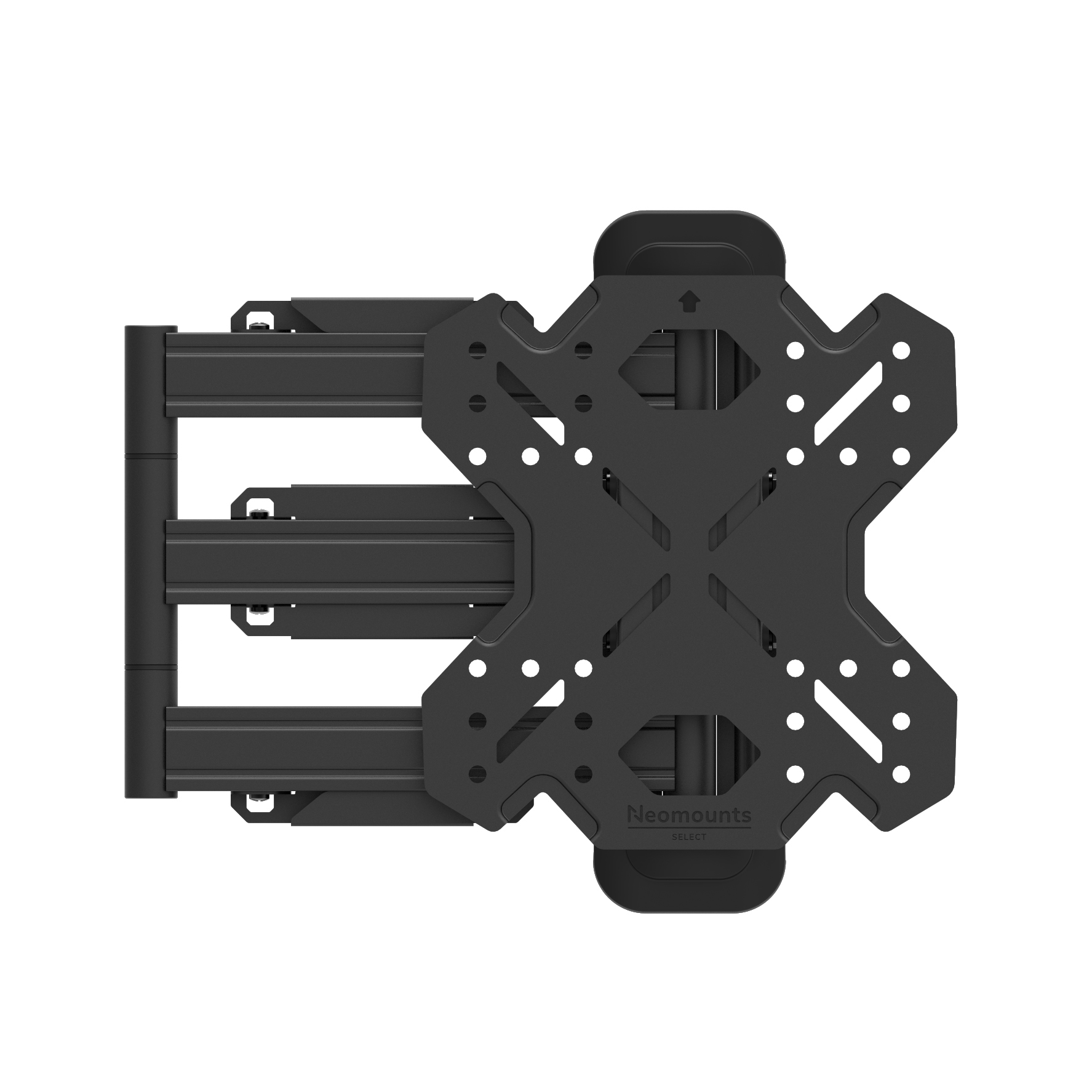 A black TV wall mount with multiple adjustment points. The brand name is Neomounts. Black background.