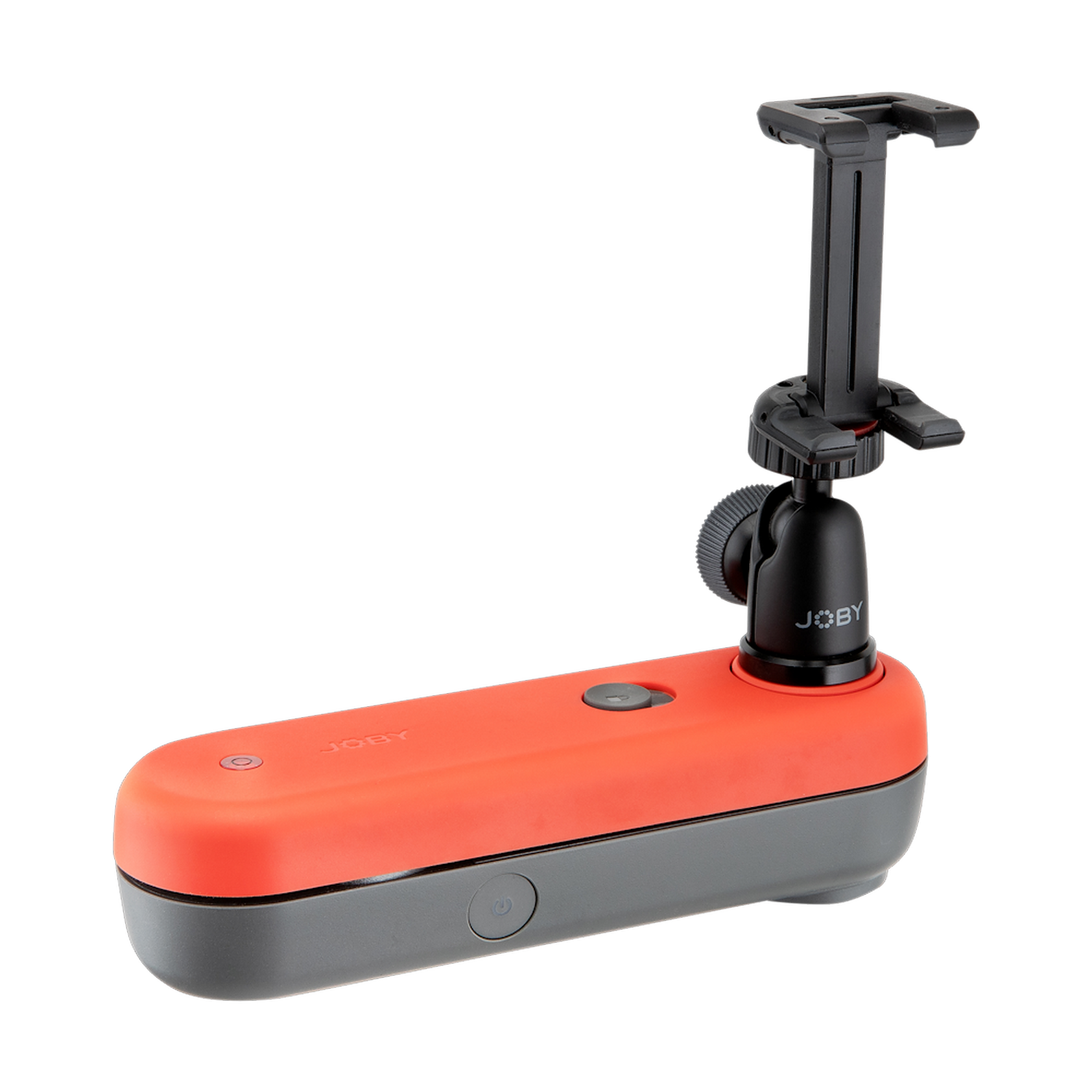 Czerwony i szary uchwyt na telefon Joby z przegubem kulowym i przyciskiem.
