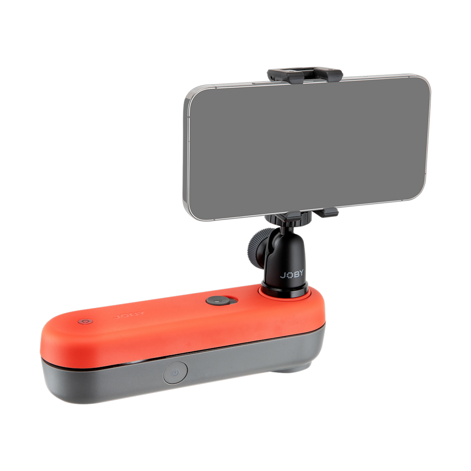 Pomarańczowy i szary uchwyt na telefon z dołączonym telefonem. Marka to Joby. Czarne tło.