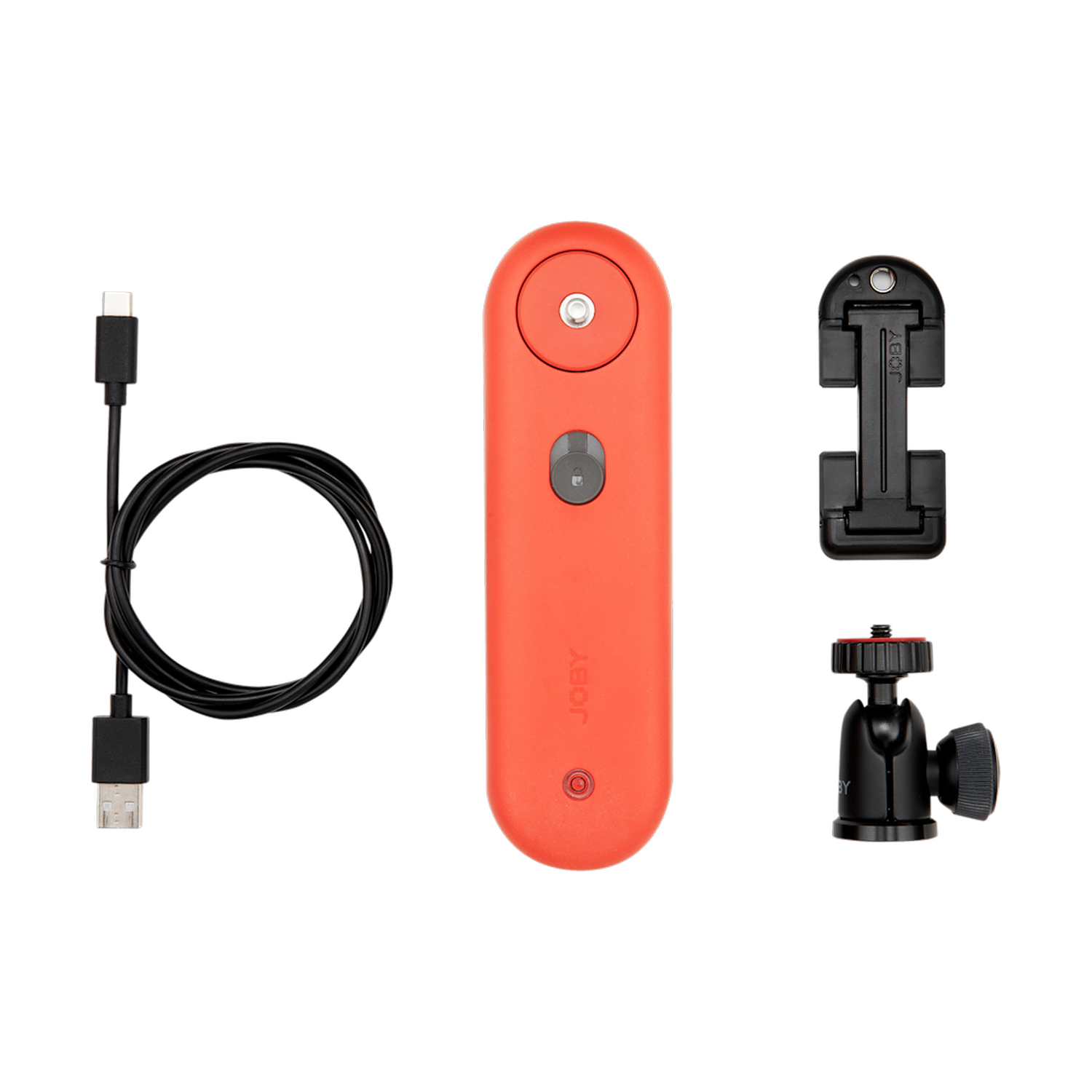 Czerwony pilot i akcesoria do kamery Joby, z kablem.
