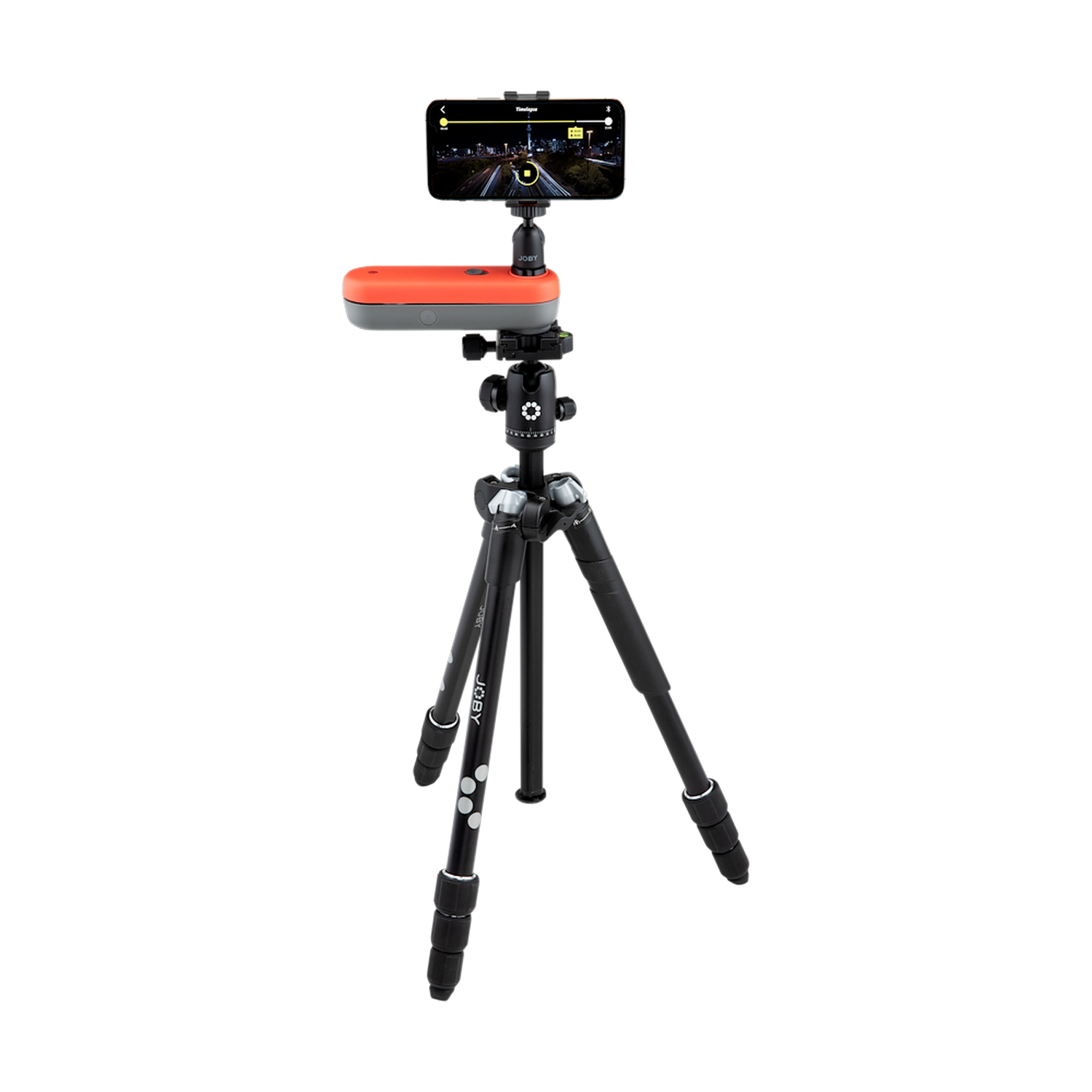 Statyw z uchwytem na telefon trzymający telefon z aplikacją map, pomarańczowy uchwyt.