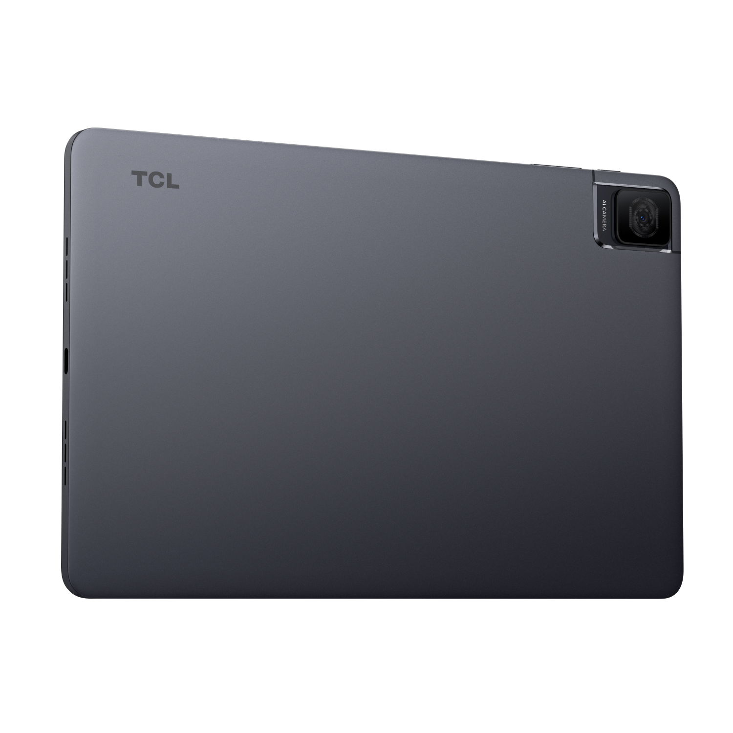 Retro del tablet grigio scuro. Logo TCL in alto. Fotocamera a destra.