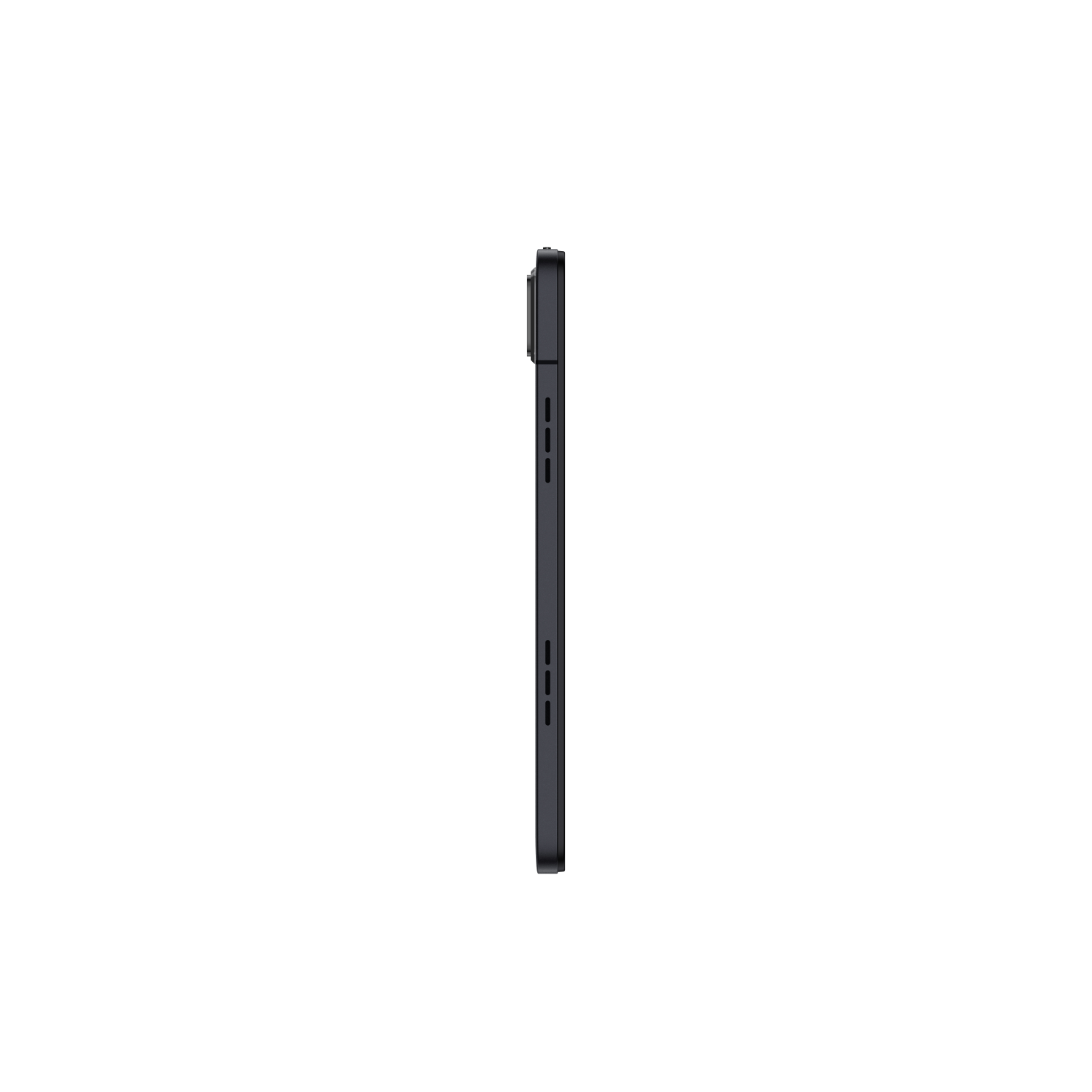 Tablet nero, vista laterale, isolato su bianco. Il tablet è sottile e rettangolare.