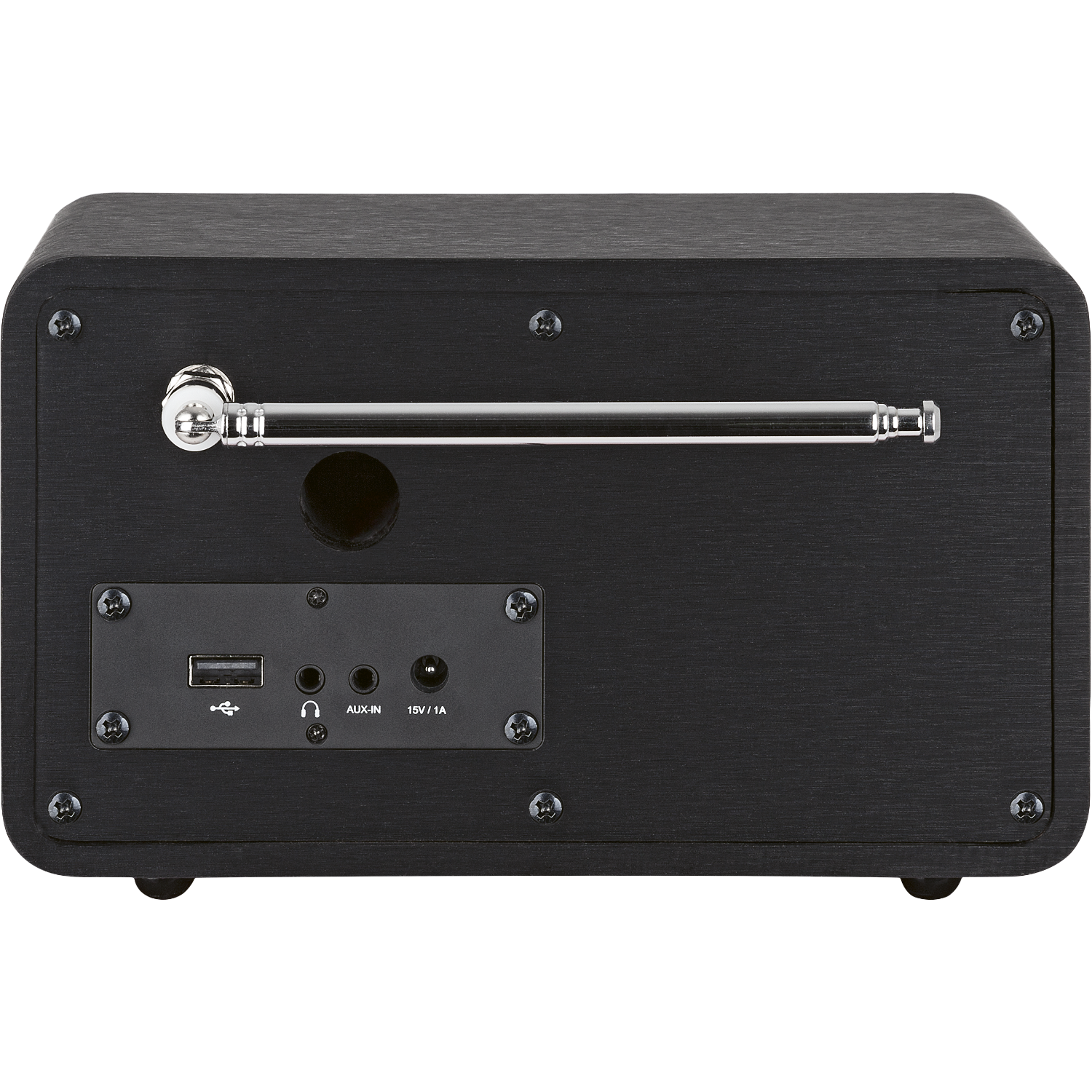 Zwarte radio met knoppen en poorten aan de achterkant. Inclusief USB, aux-in en antenne.