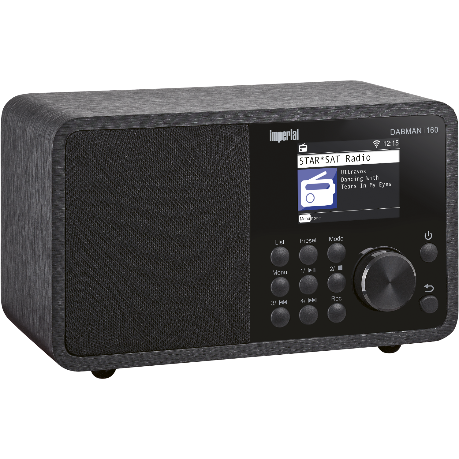Zwarte DAB-radio met scherm met radio-info en bediening. Houtachtige textuur.