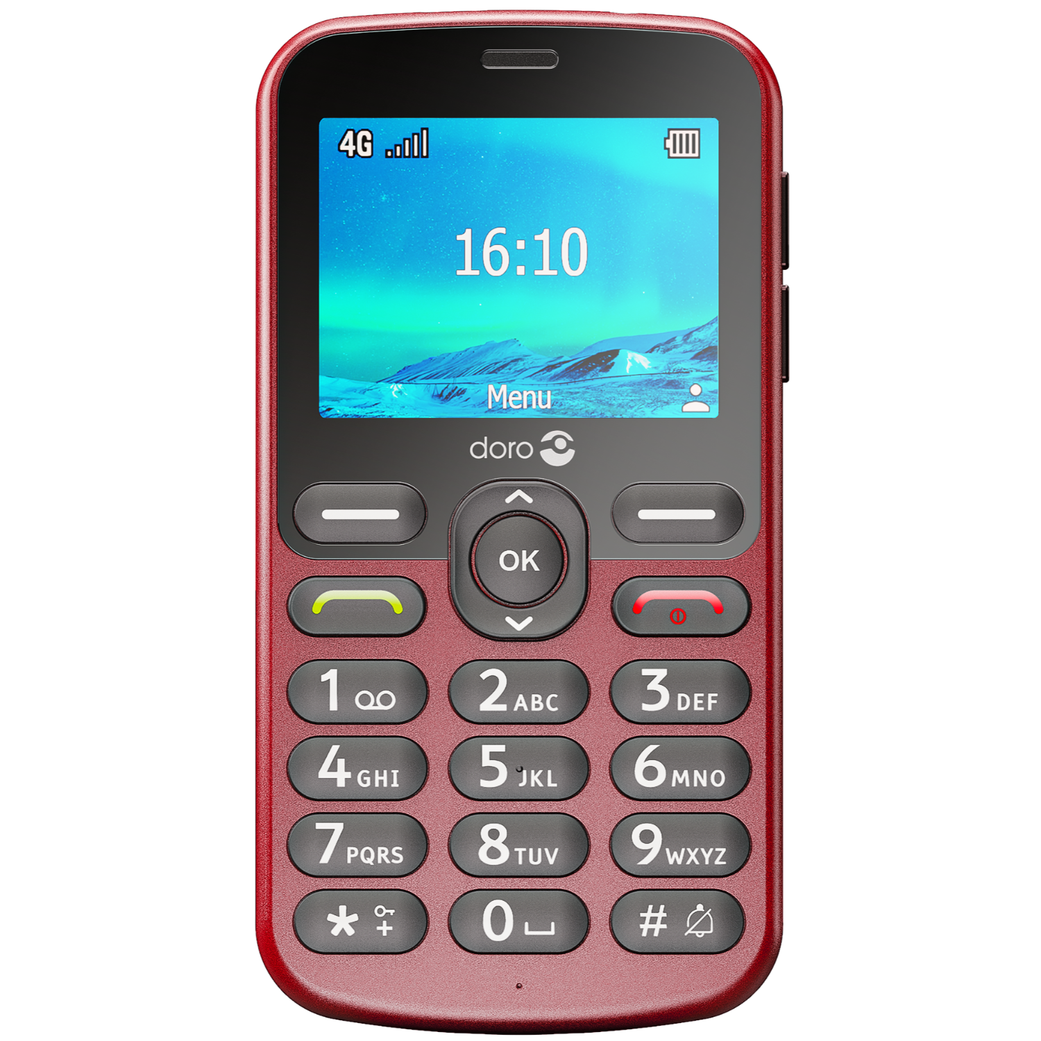 Teléfono Doro rojo y negro con pantalla que muestra hora y barras de señal. Botones físicos.