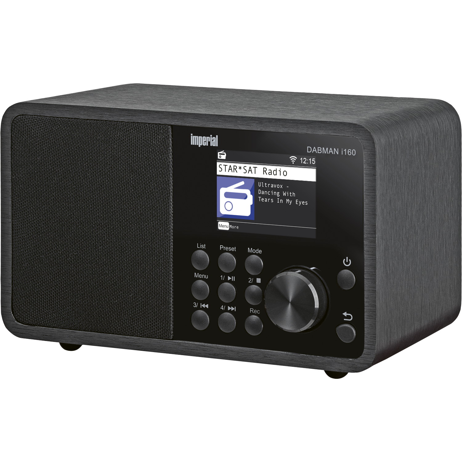 Een zwarte en grijze DAB-radio met een scherm met radio-info en bedieningselementen.