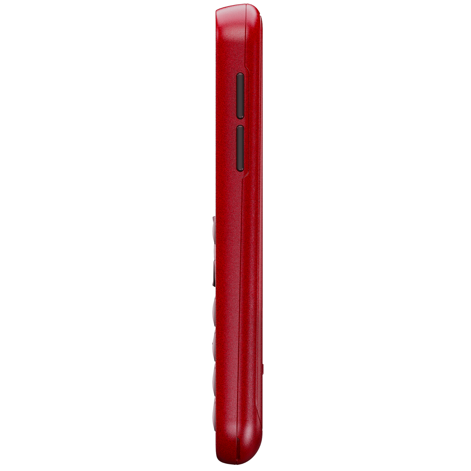 Vista lateral de un teléfono móvil rojo con botones y diseño redondeado sobre fondo negro.