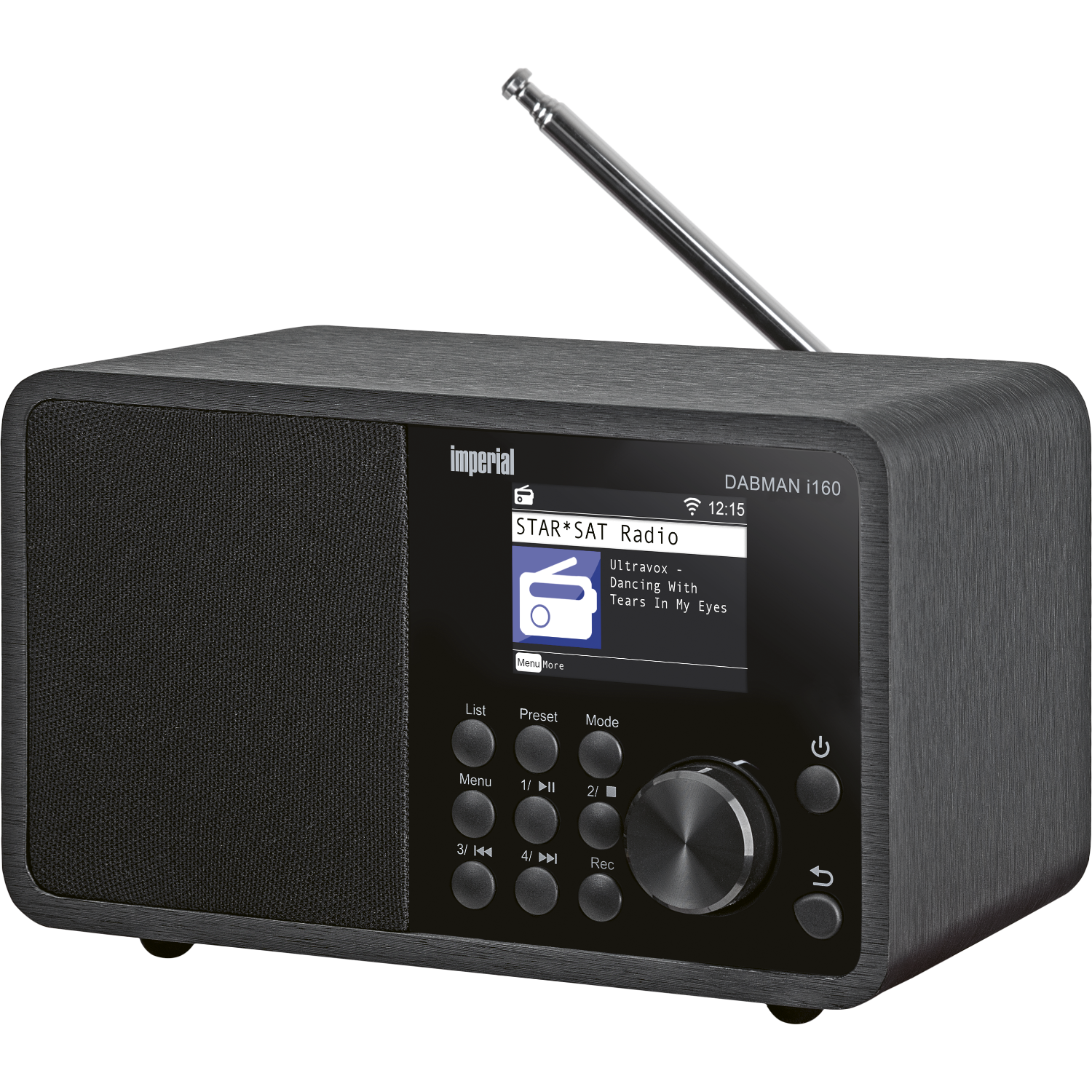 Zwarte en grijze radio. Het heeft een scherm en knoppen. Antenne is uitgeschoven.