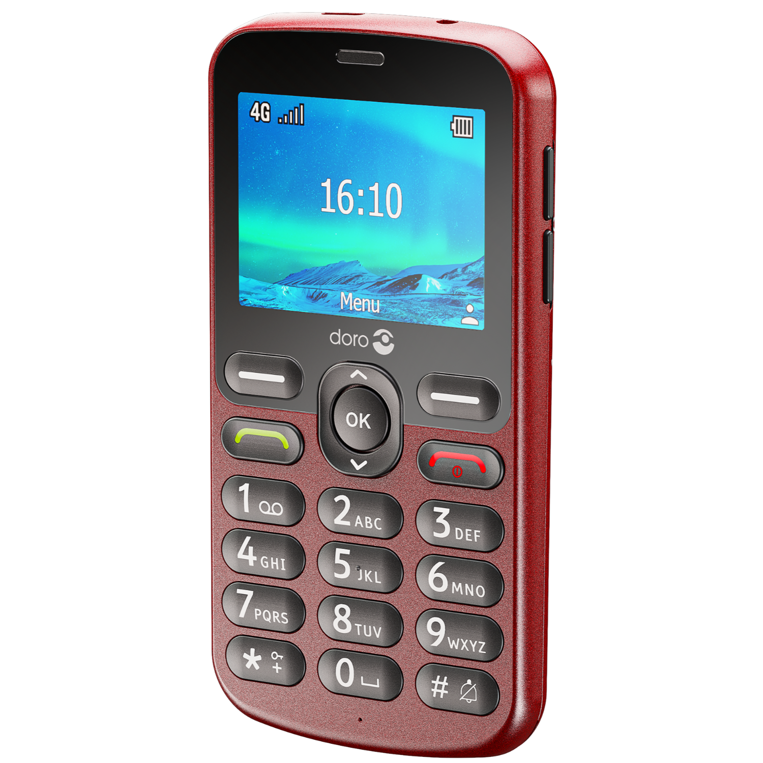 Un teléfono Doro rojo con una pantalla que muestra 16:10. Tiene un teclado y un botón de menú.