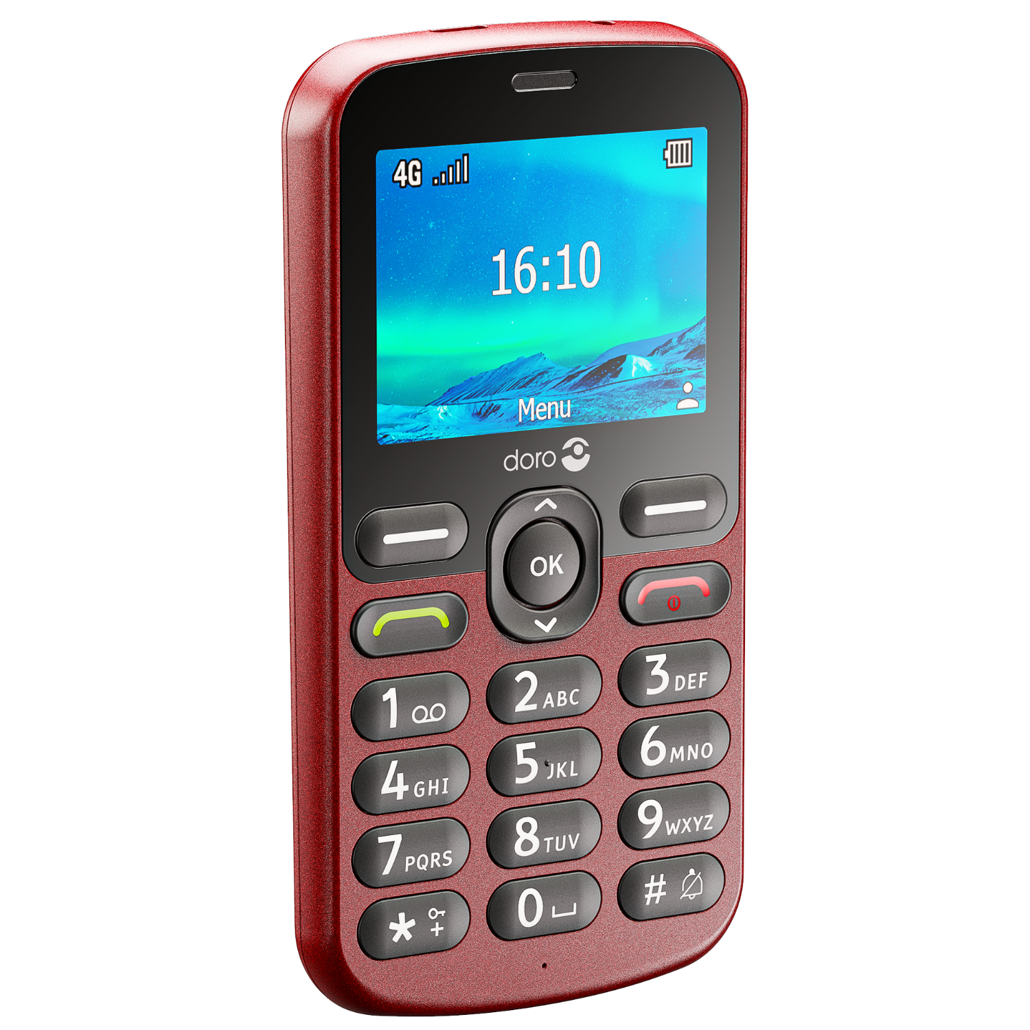 Teléfono móvil rojo con botones grandes. Pantalla muestra la hora: 16:10. El teléfono tiene un icono de señal 4G.