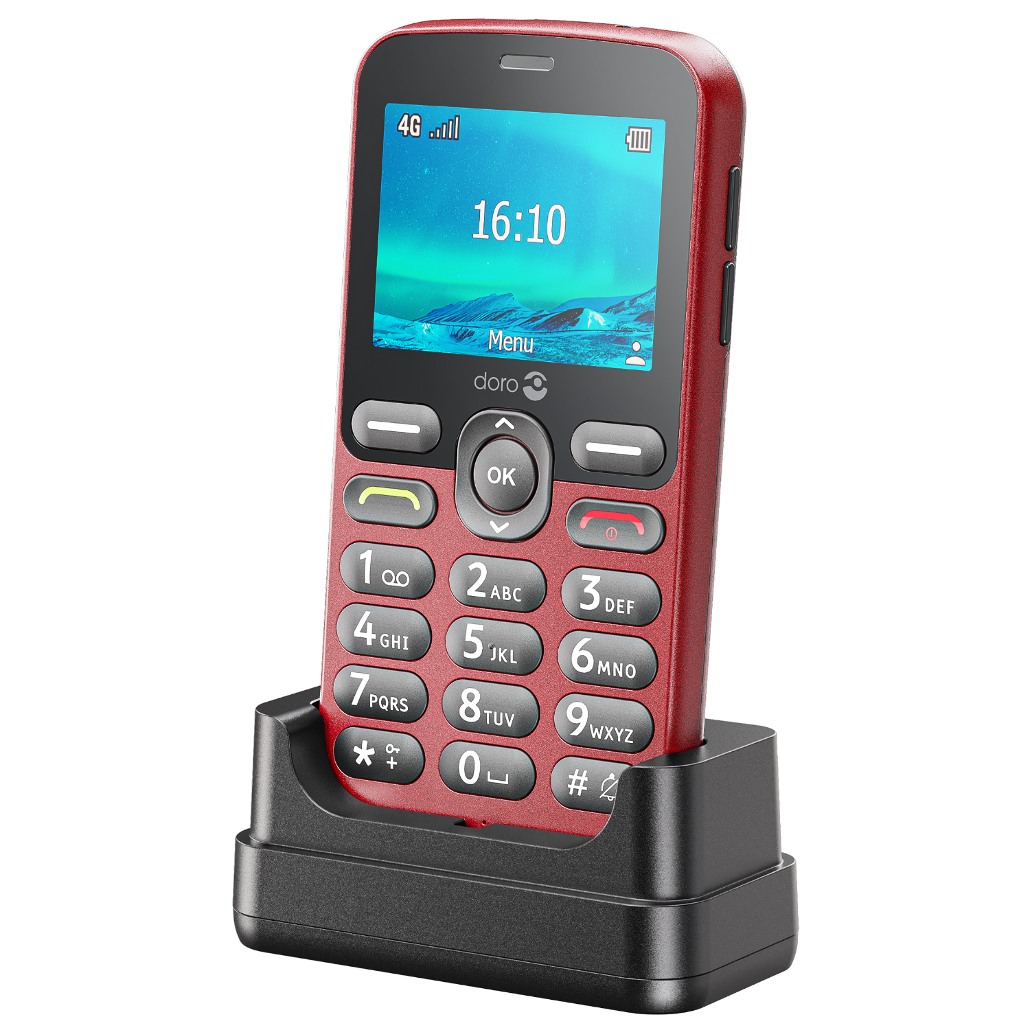 Teléfono móvil Doro rojo en una base de carga. La pantalla muestra hora y señal.