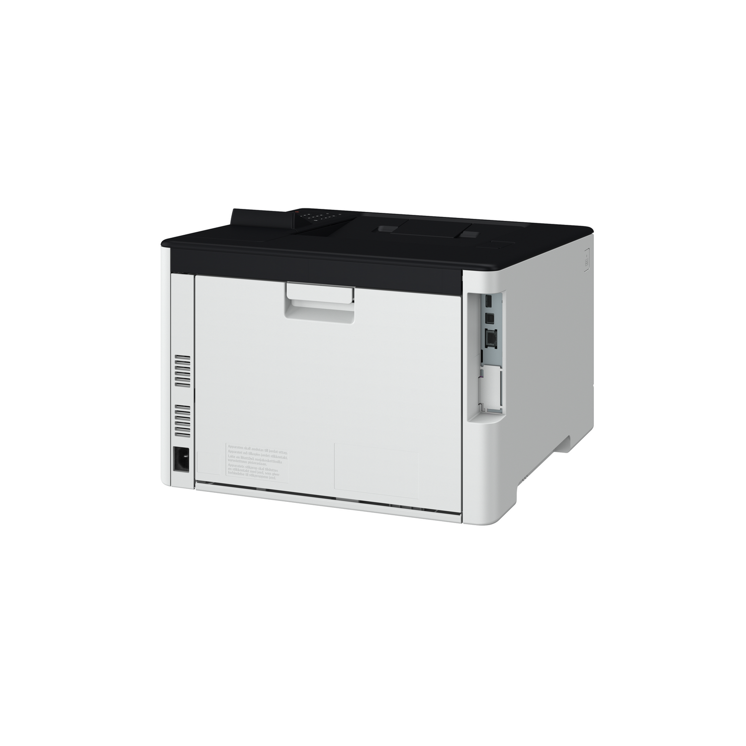 Biało-czarna drukarka z kablem zasilającym. Drukarka jest na białym tle.