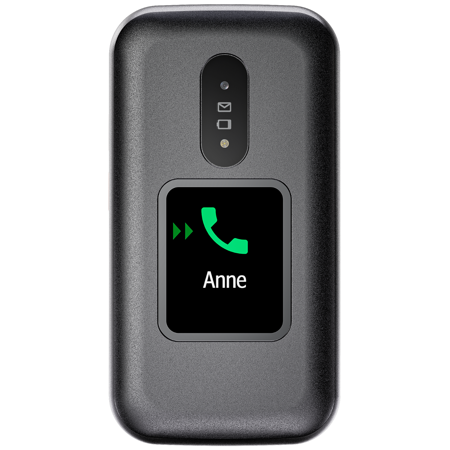 Telefono nero chiuso con uno schermo che mostra una chiamata con Anne.