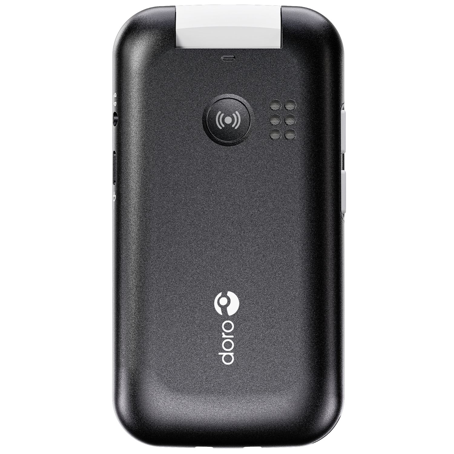 Telefono a conchiglia Doro nero. Il telefono è chiuso, mostra il retro con il logo Doro e i pulsanti.