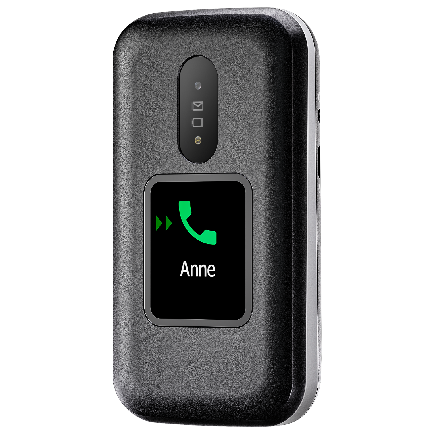 Telefono a conchiglia nero con schermo 'Anne' e icona telefono, telefono aperto.