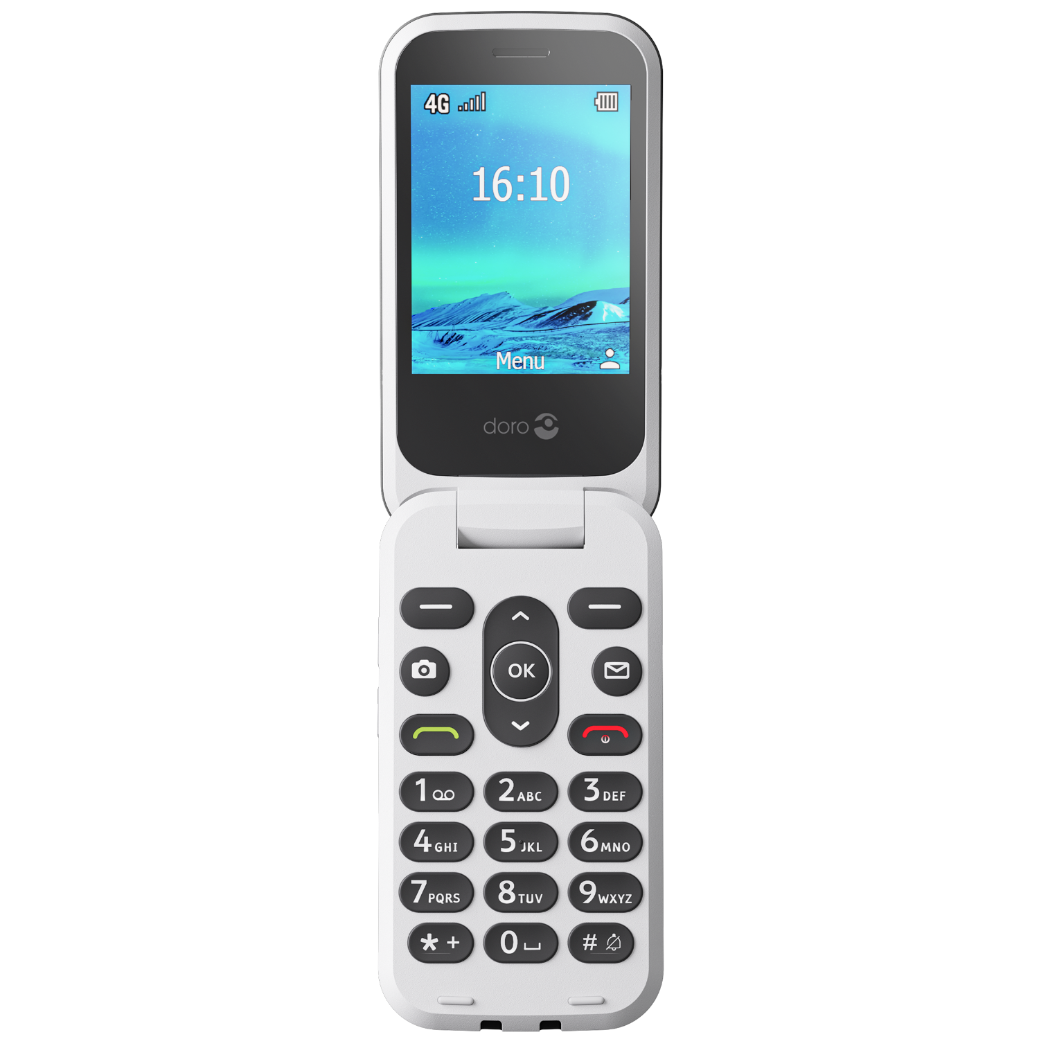 Telefono a conchiglia bianco con pulsanti grandi. Lo schermo mostra l'ora e un paesaggio.