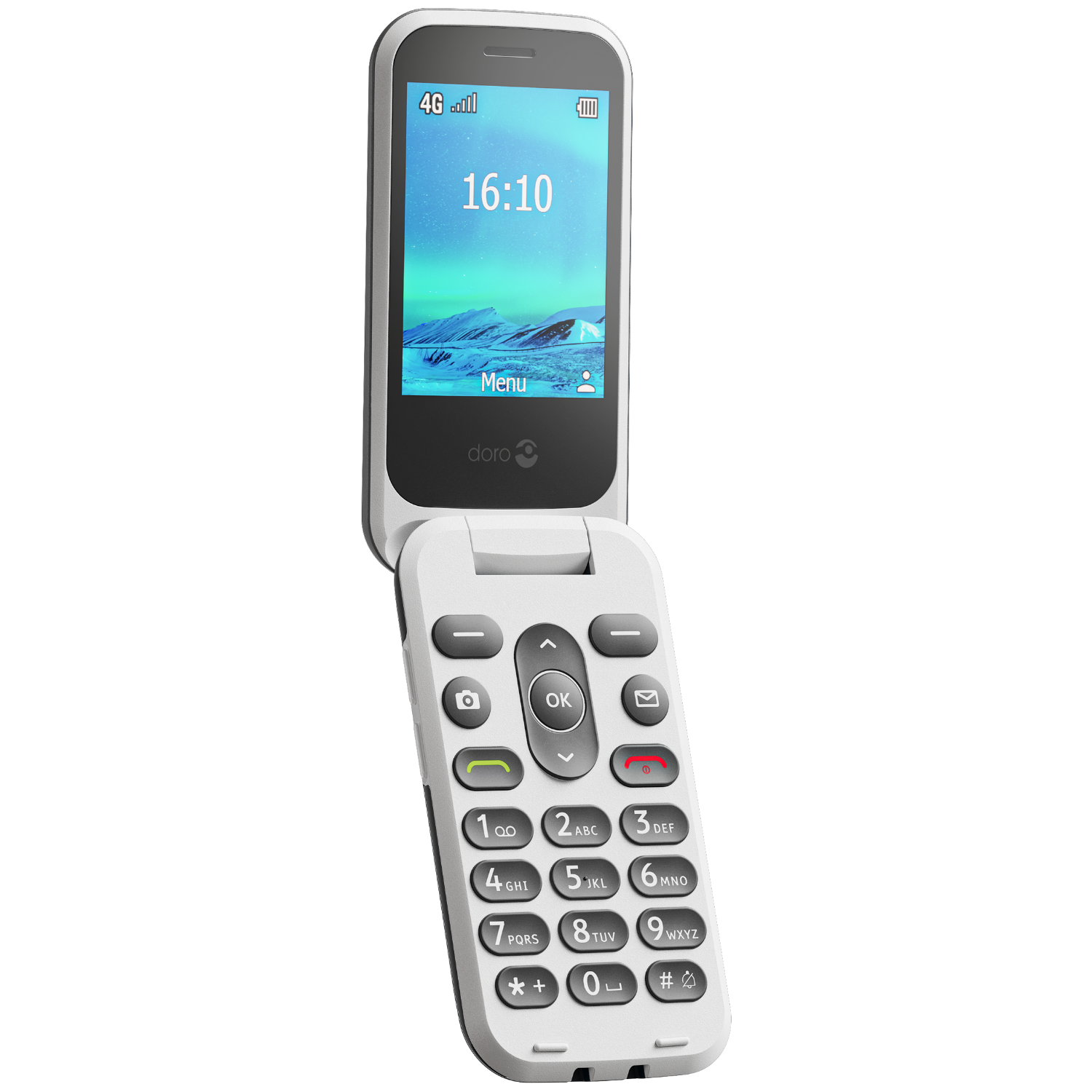 Telefono a conchiglia bianco con schermo aperto.