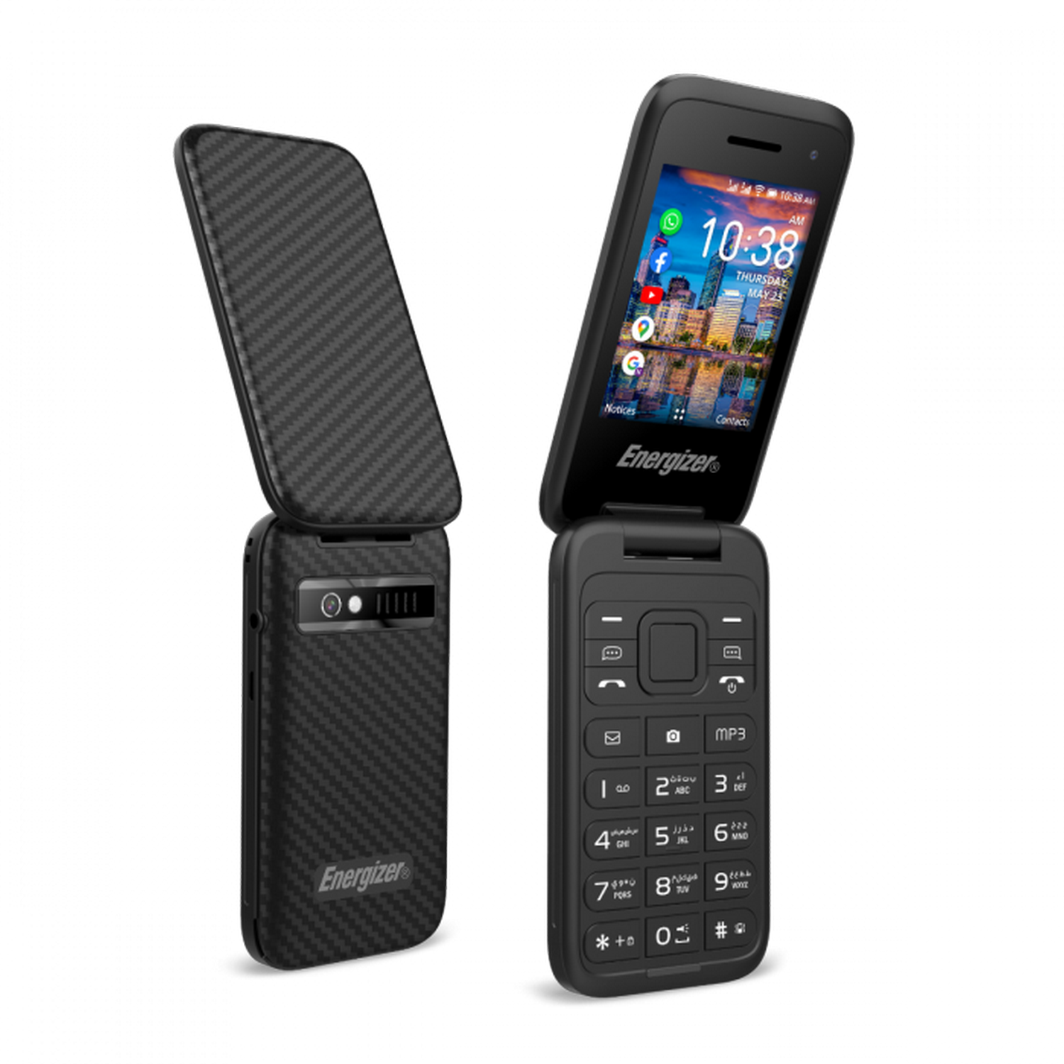 Teléfono plegable Energizer negro, abierto y cerrado. Muestra teclado y pantalla con hora.