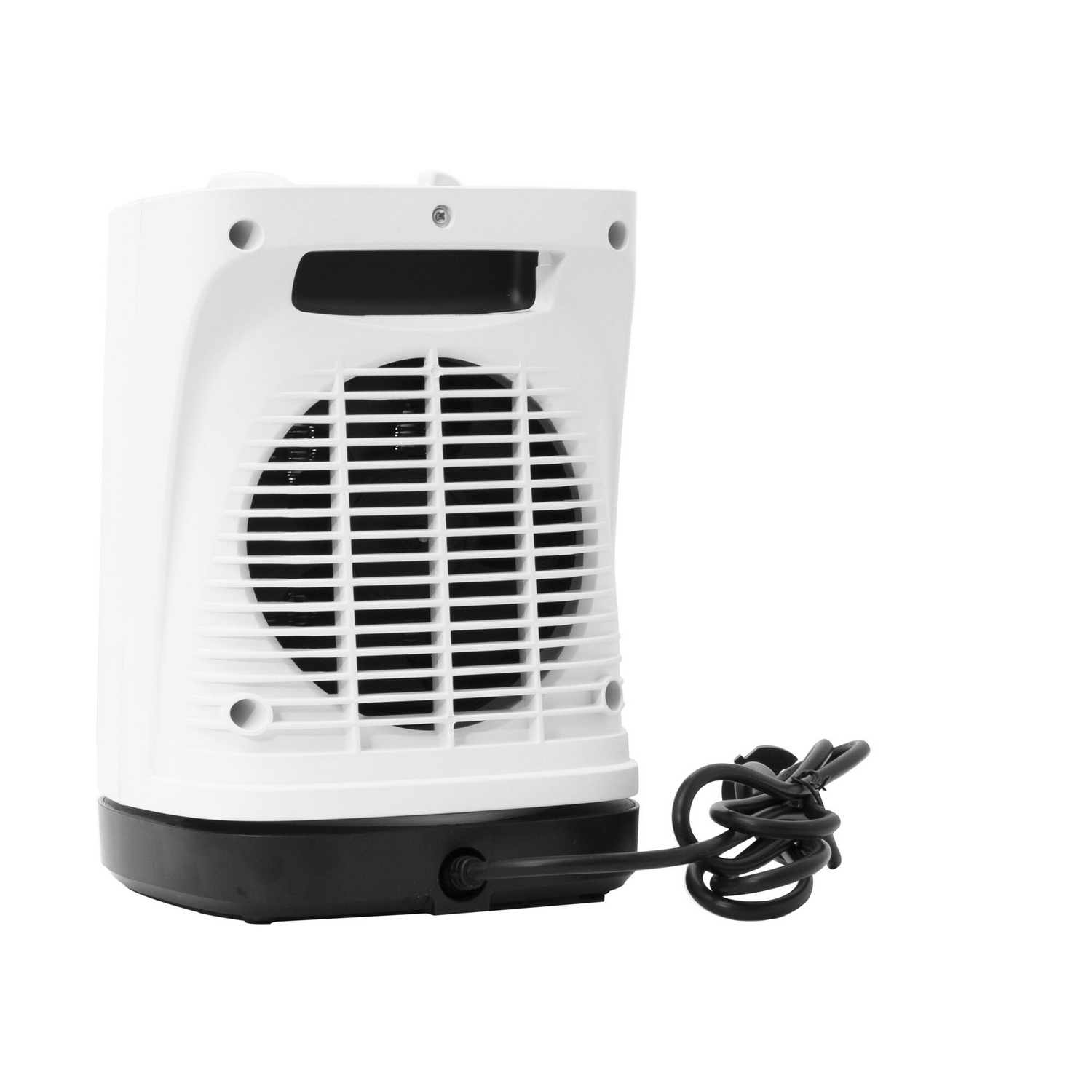 Een wit-zwarte ruimteverwarming met een netsnoer dat naar rechts loopt. Witte achtergrond.