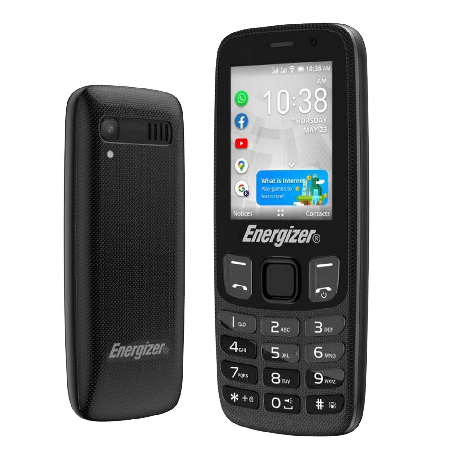 Dos teléfonos Energizer. Uno delante, uno detrás. Negro con números y pantalla.