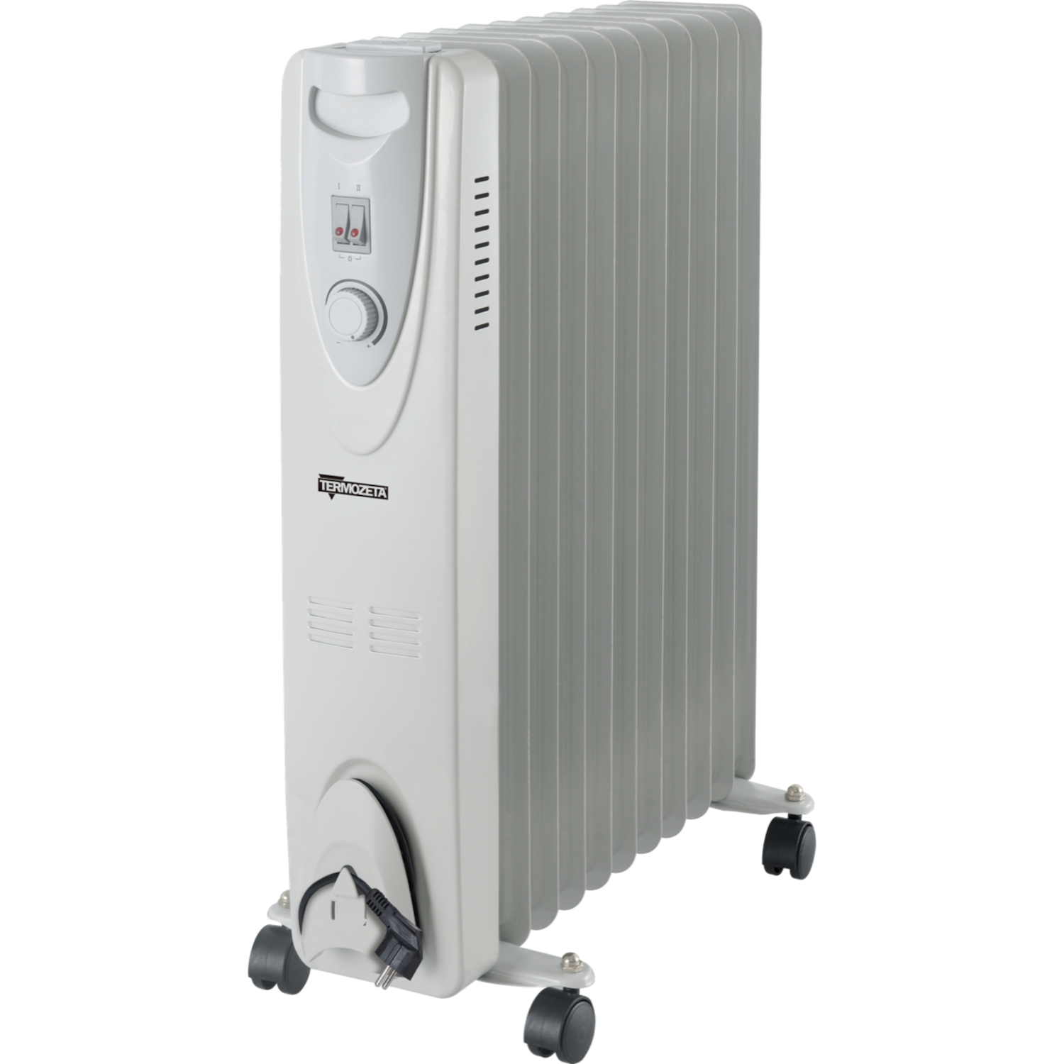 Biały grzejnik olejowy z elementami sterowania i kółkami.