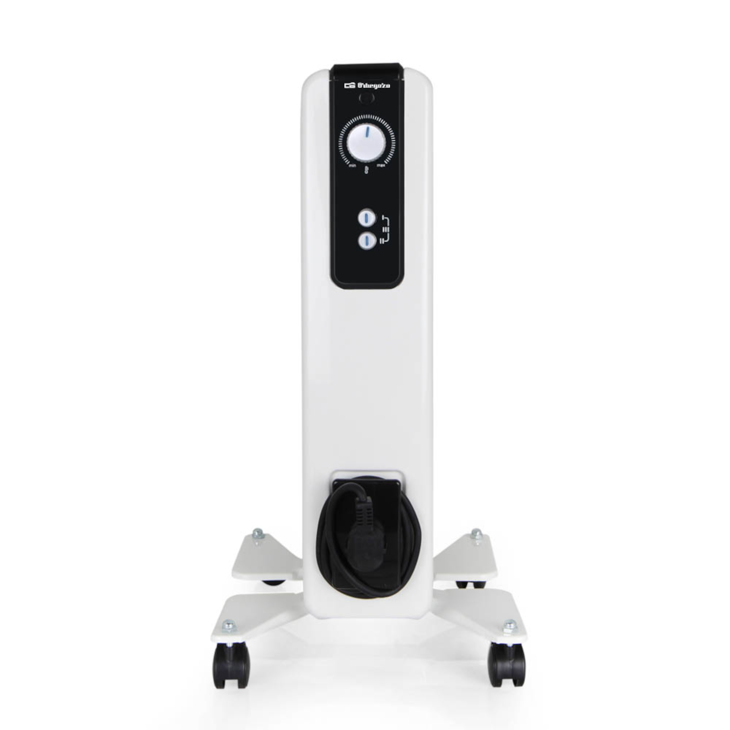 Biały grzejnik elektryczny z panelem sterowania, na białej podstawie na kółkach.