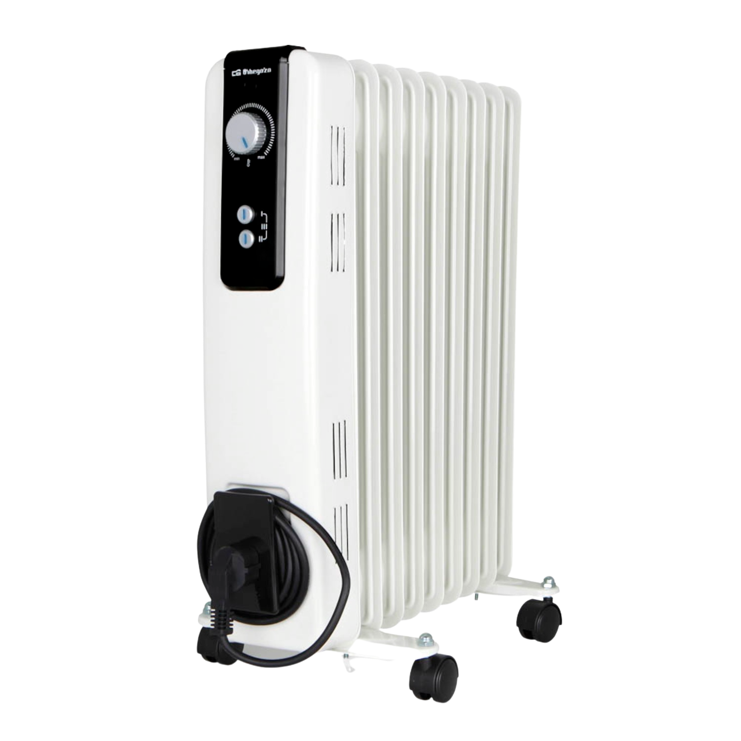 Biały grzejnik elektryczny z panelem sterowania i czarnym przewodem zasilającym, na czarnym tle.