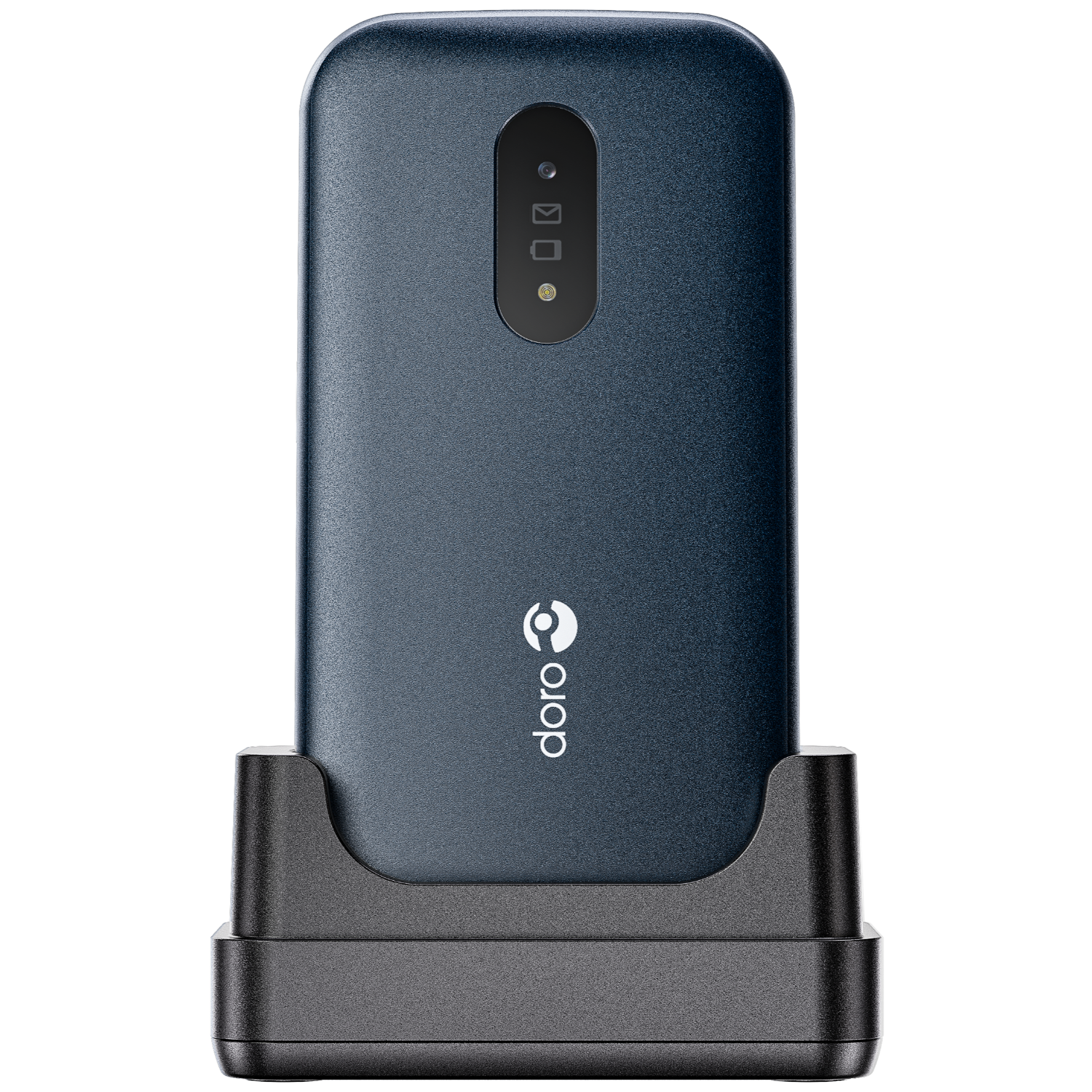 Ein dunkelblaues Mobiltelefon und seine schwarze Ladestation, beide mit dem Doro-Logo.
