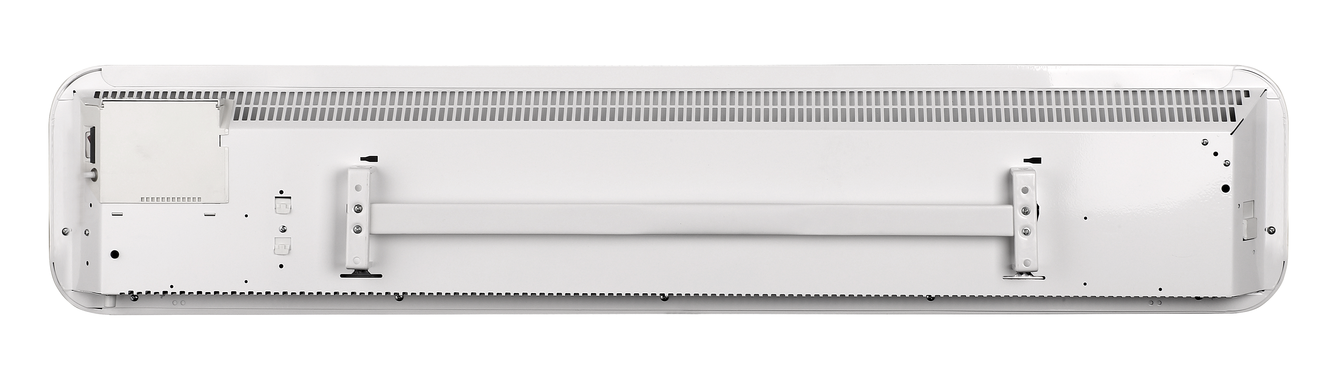 Retro di elettrodomestico bianco, con barra metallica e componenti, su sfondo bianco.