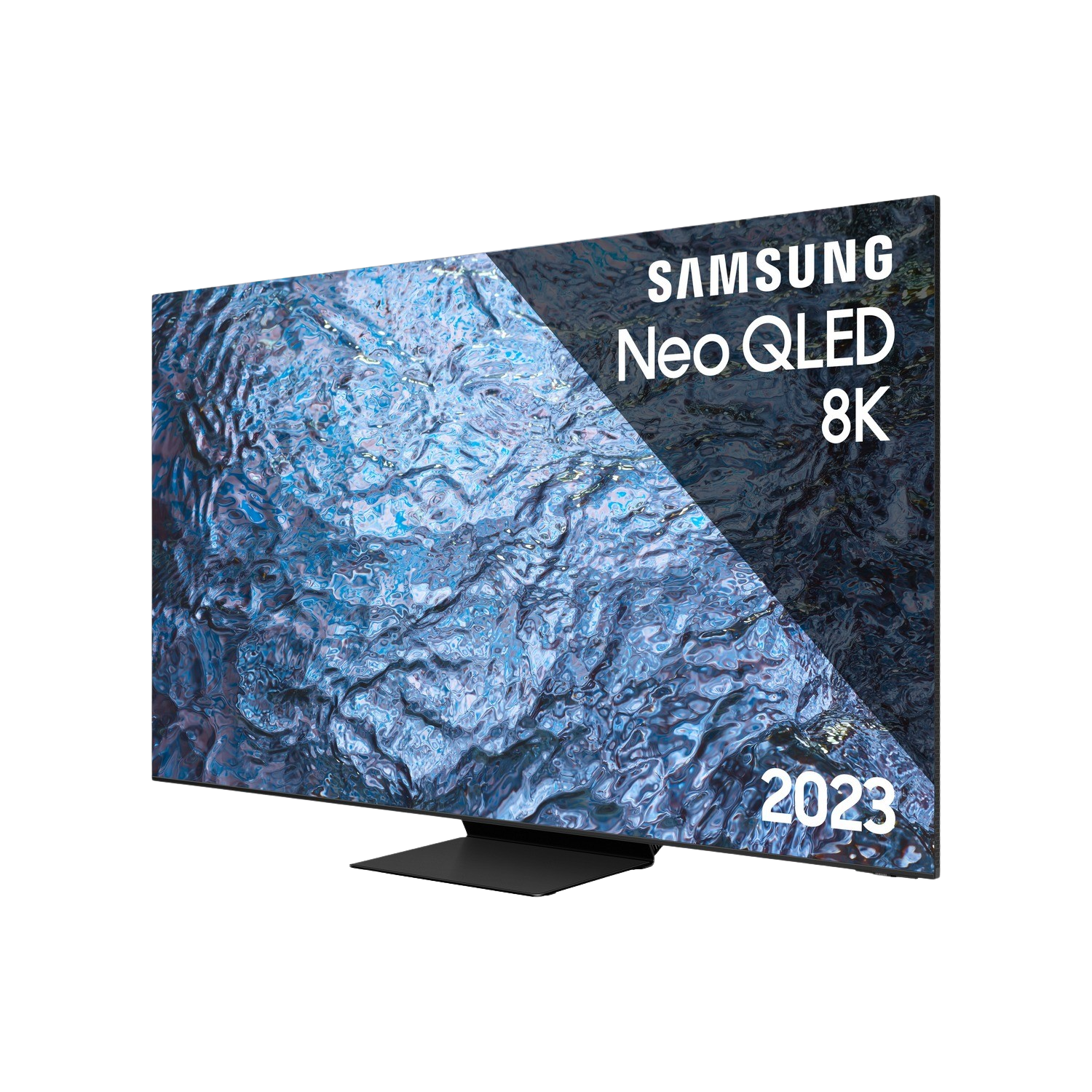 Telewizor Samsung Neo QLED 8K z falistym niebieskim wzorem na ekranie, rok 2023 jest w rogu.