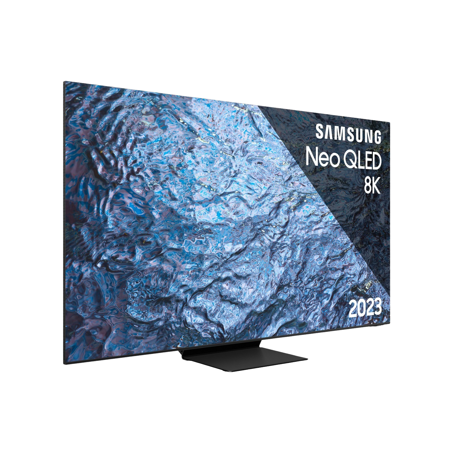 Telewizor Samsung Neo QLED 8K z czarnym, ukośnym banerem. Widoczny rok 2023.