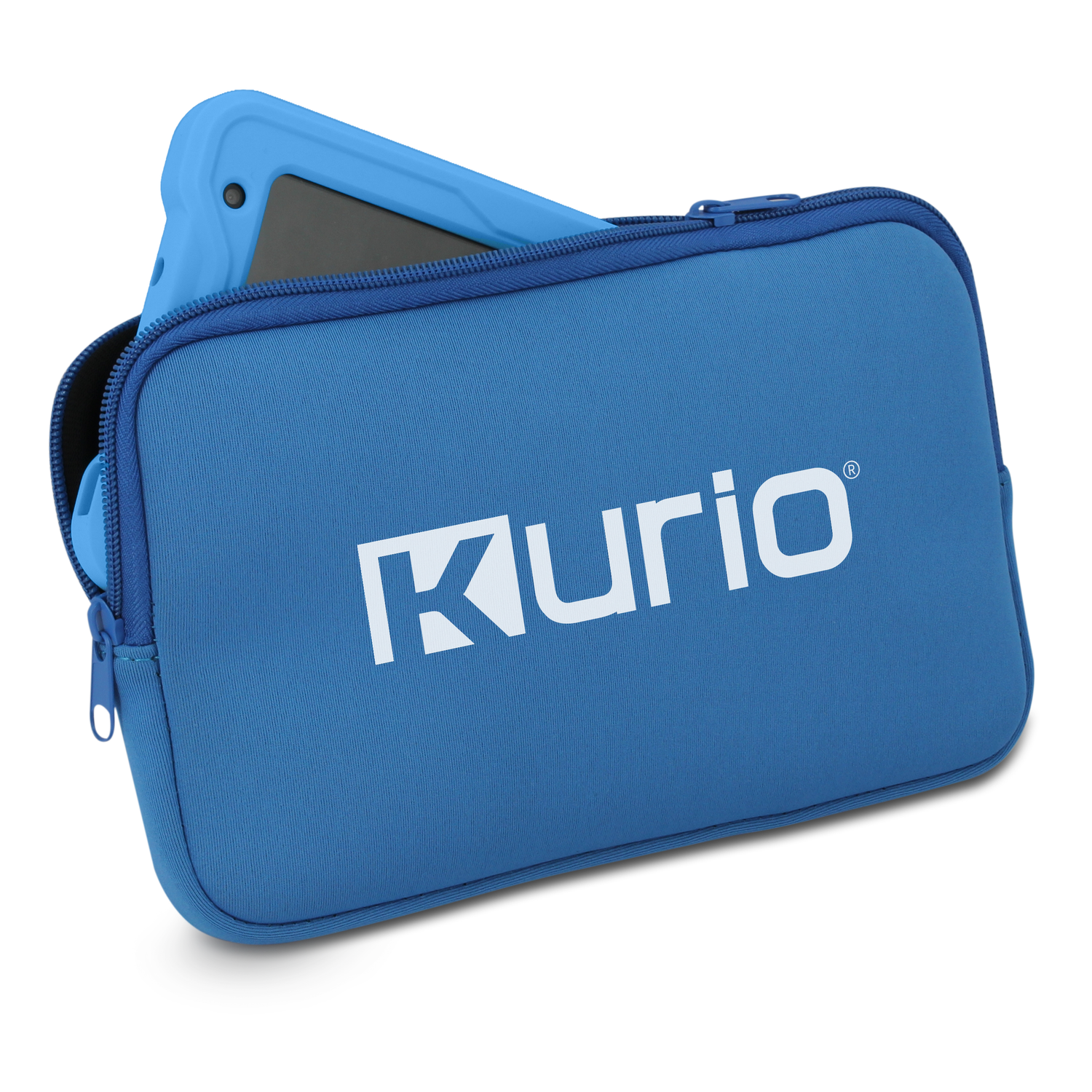 Blue tablet case with a tablet inside. The word 'Kurio' is on the case.