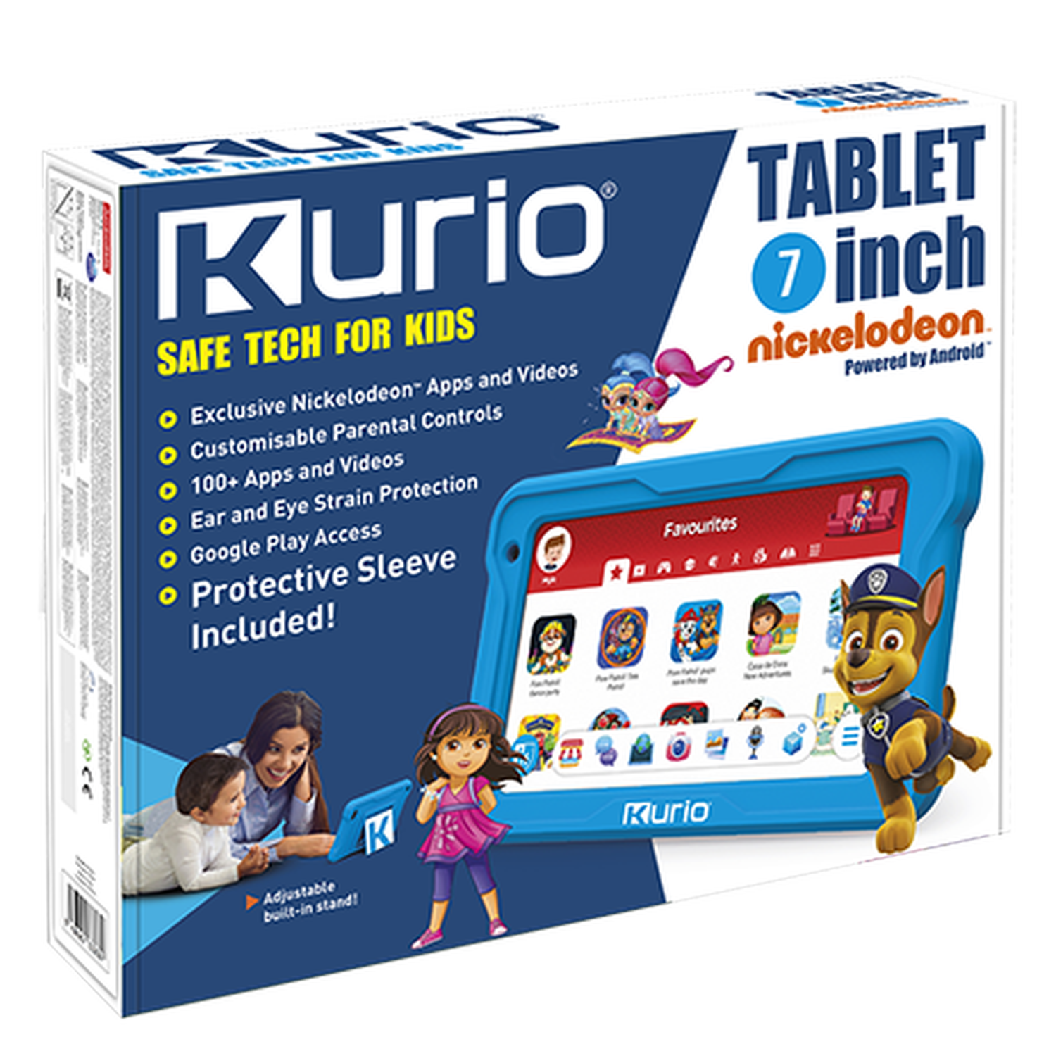 A Kurio tablet box with a cartoon image of a child using the tablet, and the words "TABLET 7 INCH".