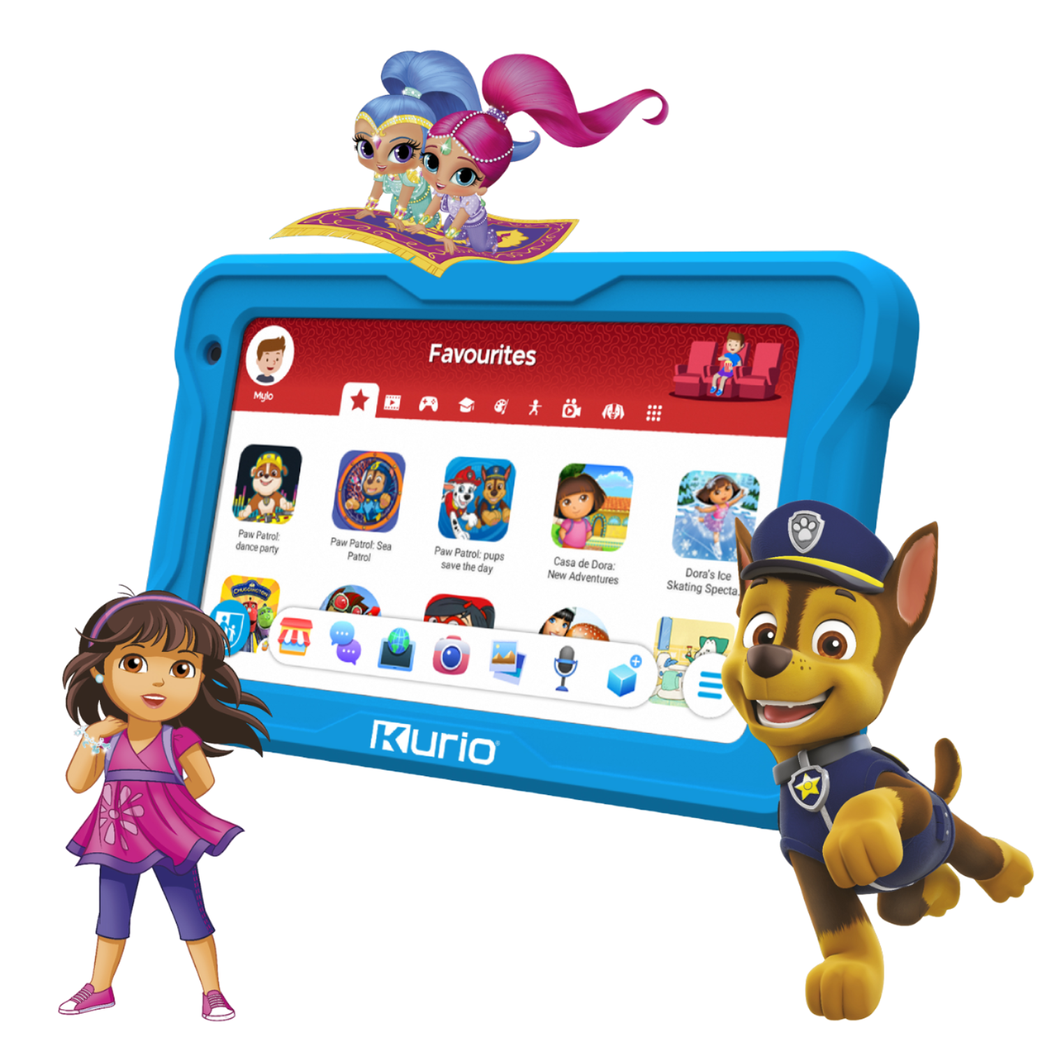 A blue Kurio tablet with cartoons: Dora, Chase, Shimmer, Shine. The tablet displays a favorites menu.