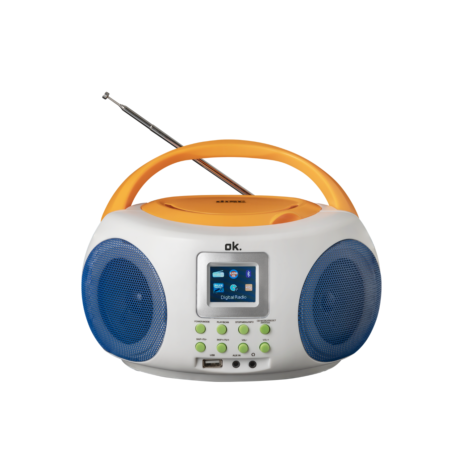 Ein weißes und oranges Digitalradio.