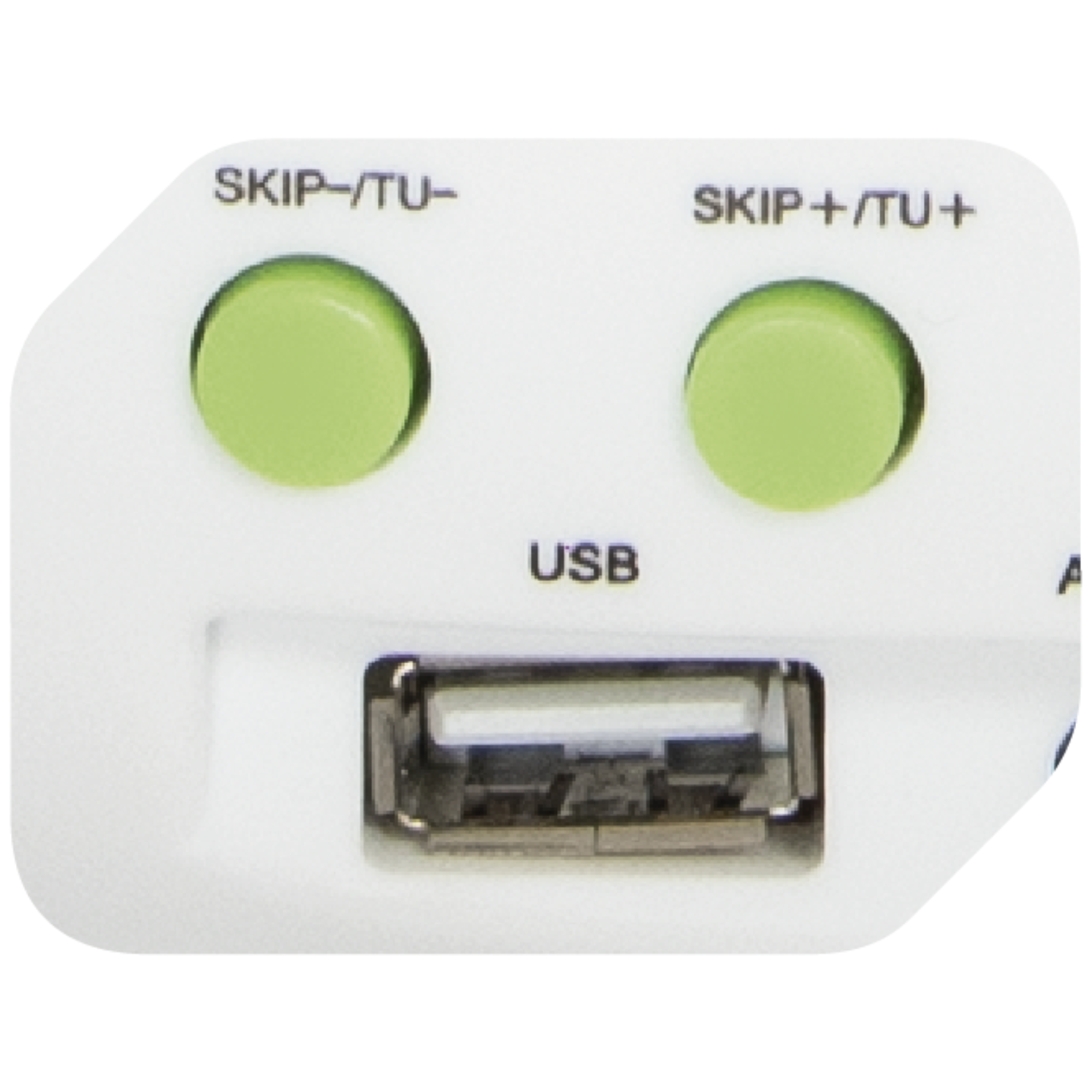 Weißes Gerät mit zwei grünen Tasten mit der Aufschrift 'SKIP-/TU-' und 'SKIP+/TU+'. Darunter ein USB-Anschluss.