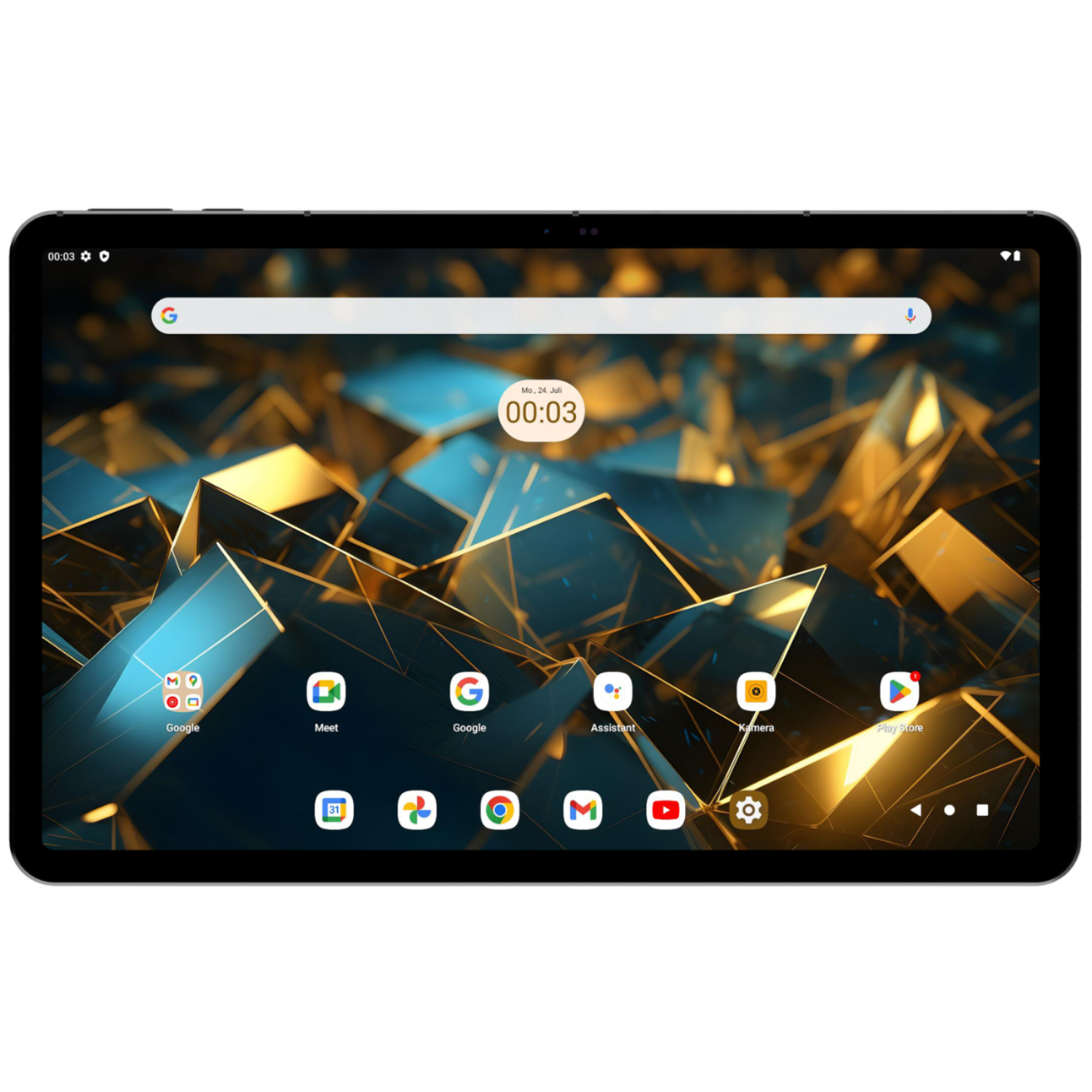 Schwarzes Tablet mit farbenfrohem, geometrischem Hintergrund und App-Symbolen. Google-Suchleiste oben.