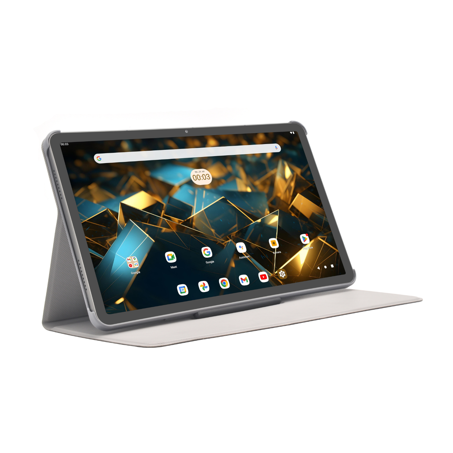 Ein Tablet mit grauem Cover, auf einer weißen Oberfläche. Der Bildschirm zeigt einen Startbildschirm mit App-Symbolen.