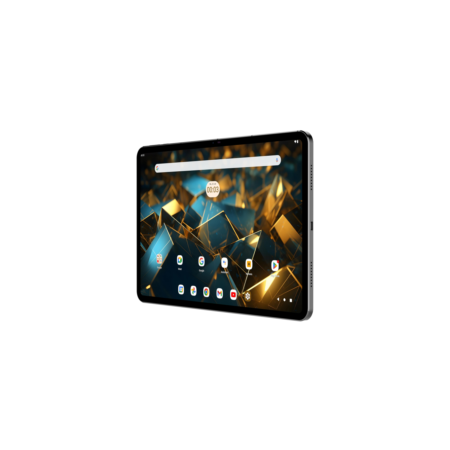 Ein Tablet auf weißem Hintergrund, der Bildschirm ist eingeschaltet und zeigt einen Startbildschirm.
