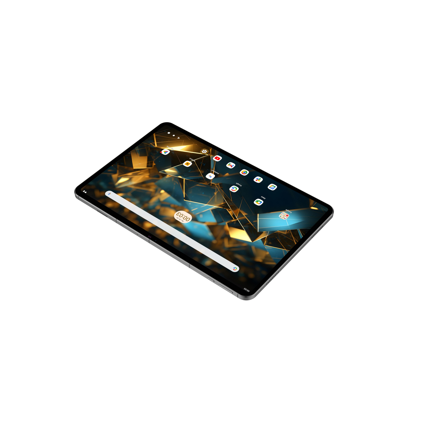 Ein Tablet, das einen Bildschirm mit Symbolen und einer Uhr anzeigt.