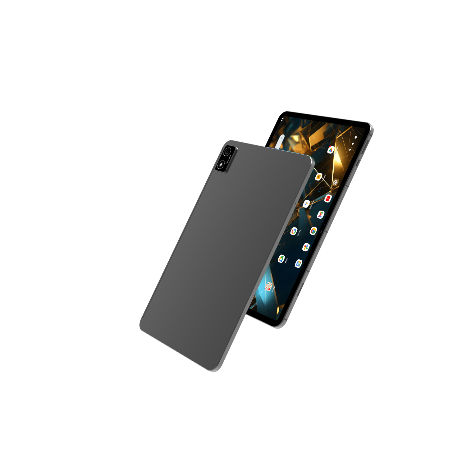 Tablet mit Display mit Symbolen. Die Rückseite ist schlicht grau und das Tablet neigt sich leicht.