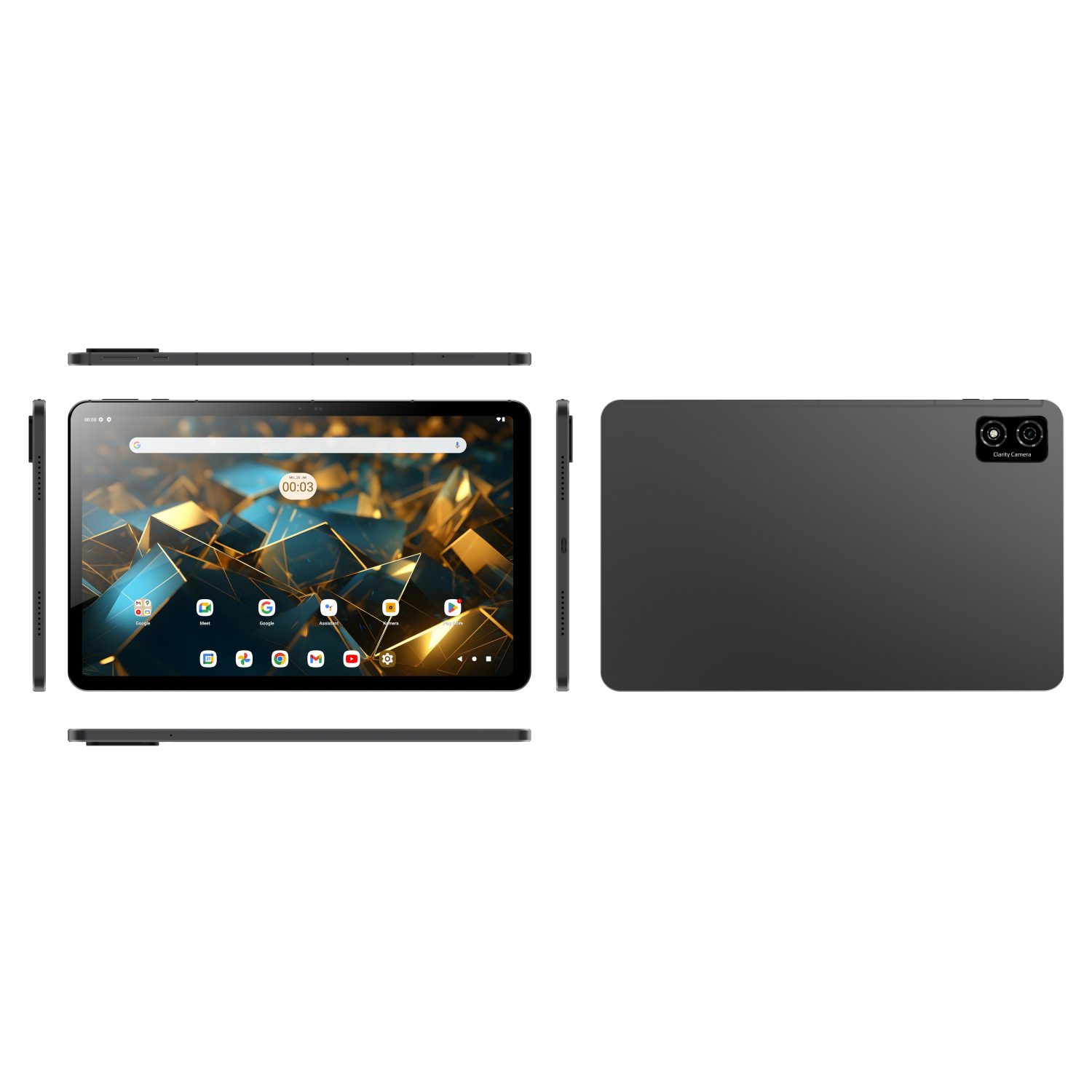 Schwarzes Tablet. Zeigt Vorder- und Rückseite. Die Vorderseite zeigt eine Benutzeroberfläche mit Symbolen.