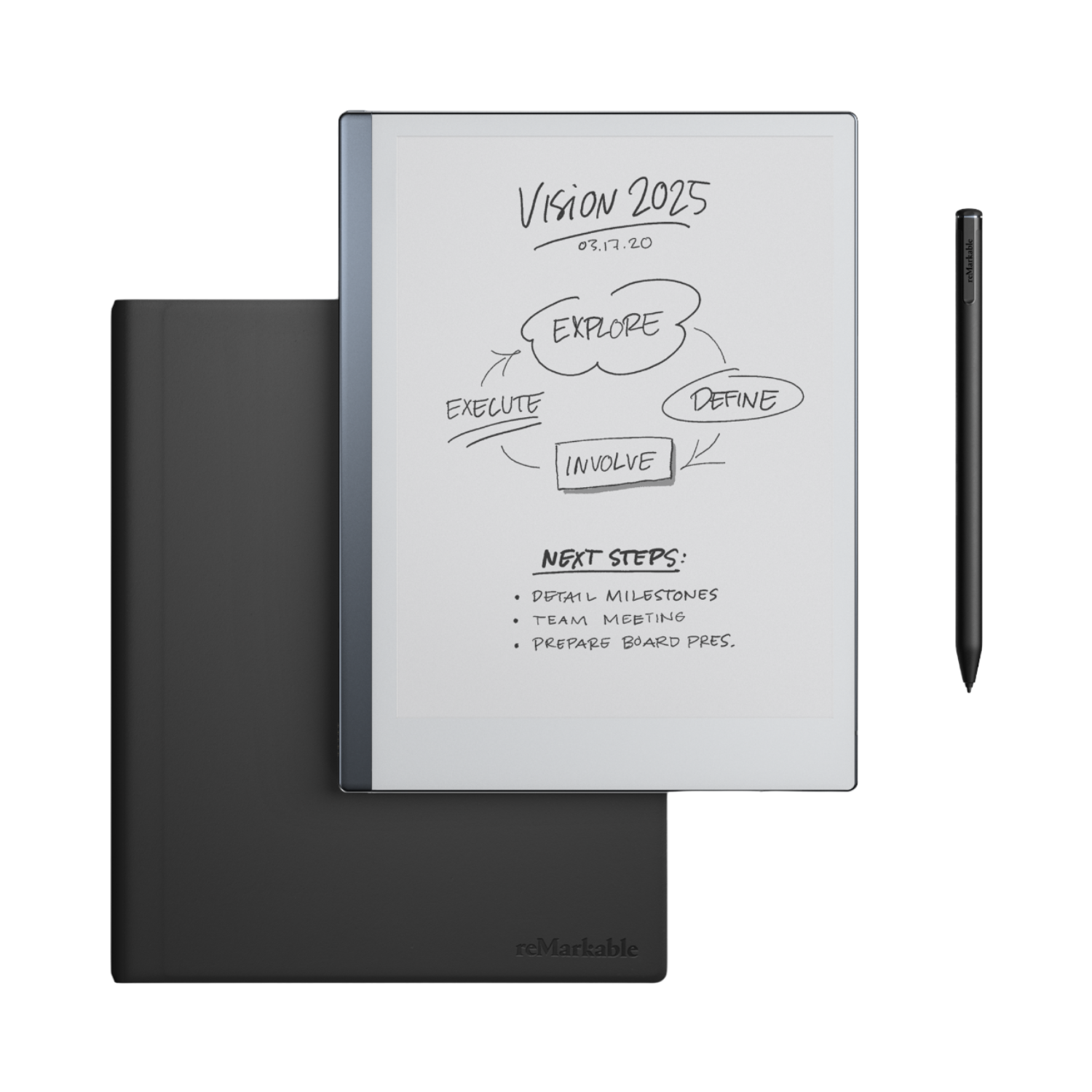 Ein Tablet mit handschriftlichen Notizen und einem Stift, mit schwarzer Hülle, auf Schwarz.