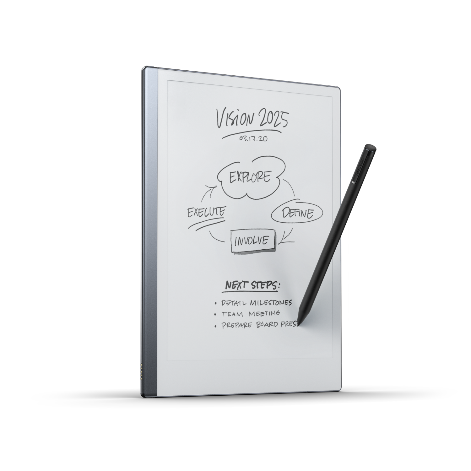 Yanında bir kalem bulunan, "Vizyon 2025" hakkında el yazısı bir zihin haritası görüntüleyen bir tablet.