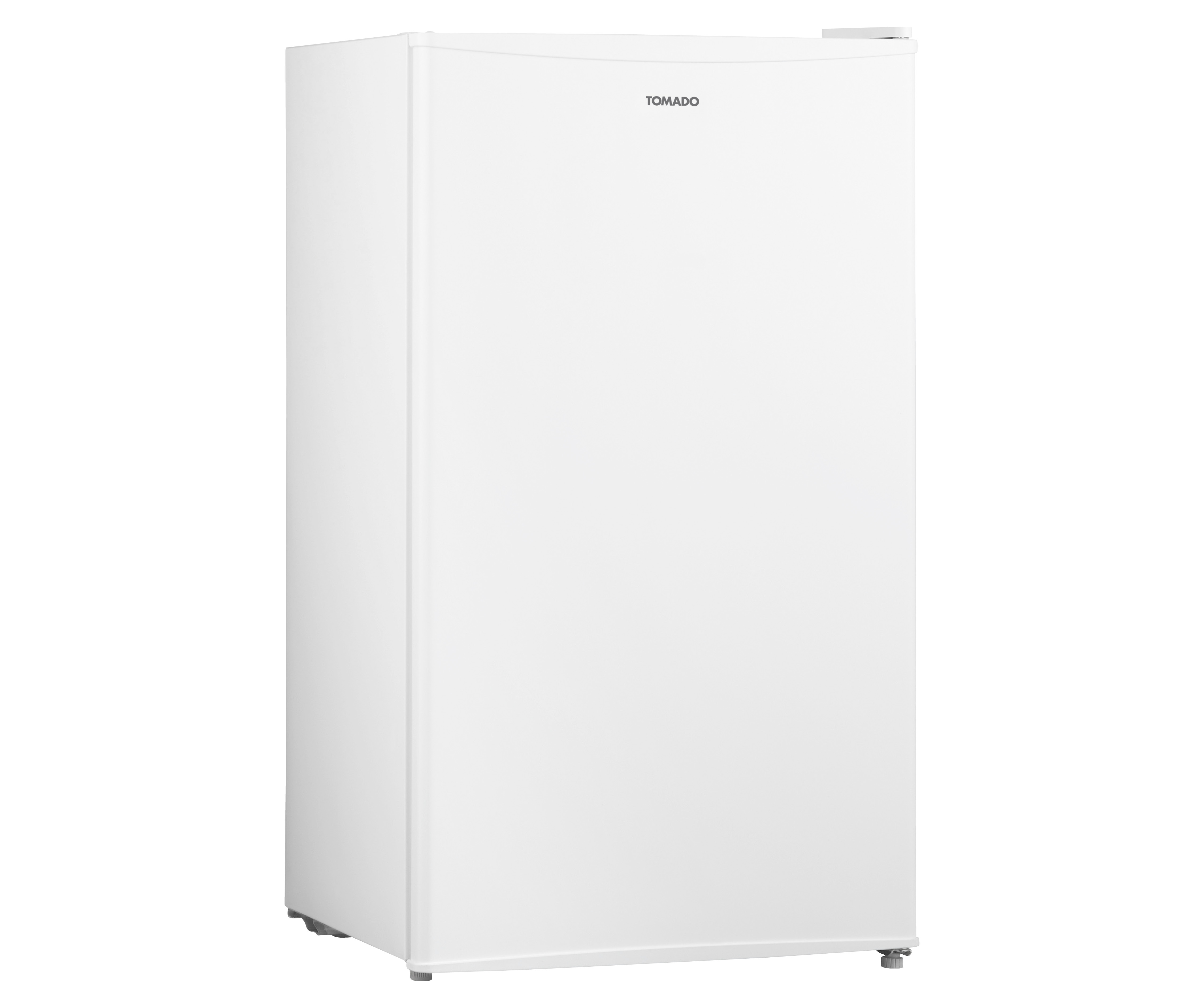 Réfrigérateur Tomado blanc. Design simple, une seule porte. Fond blanc.