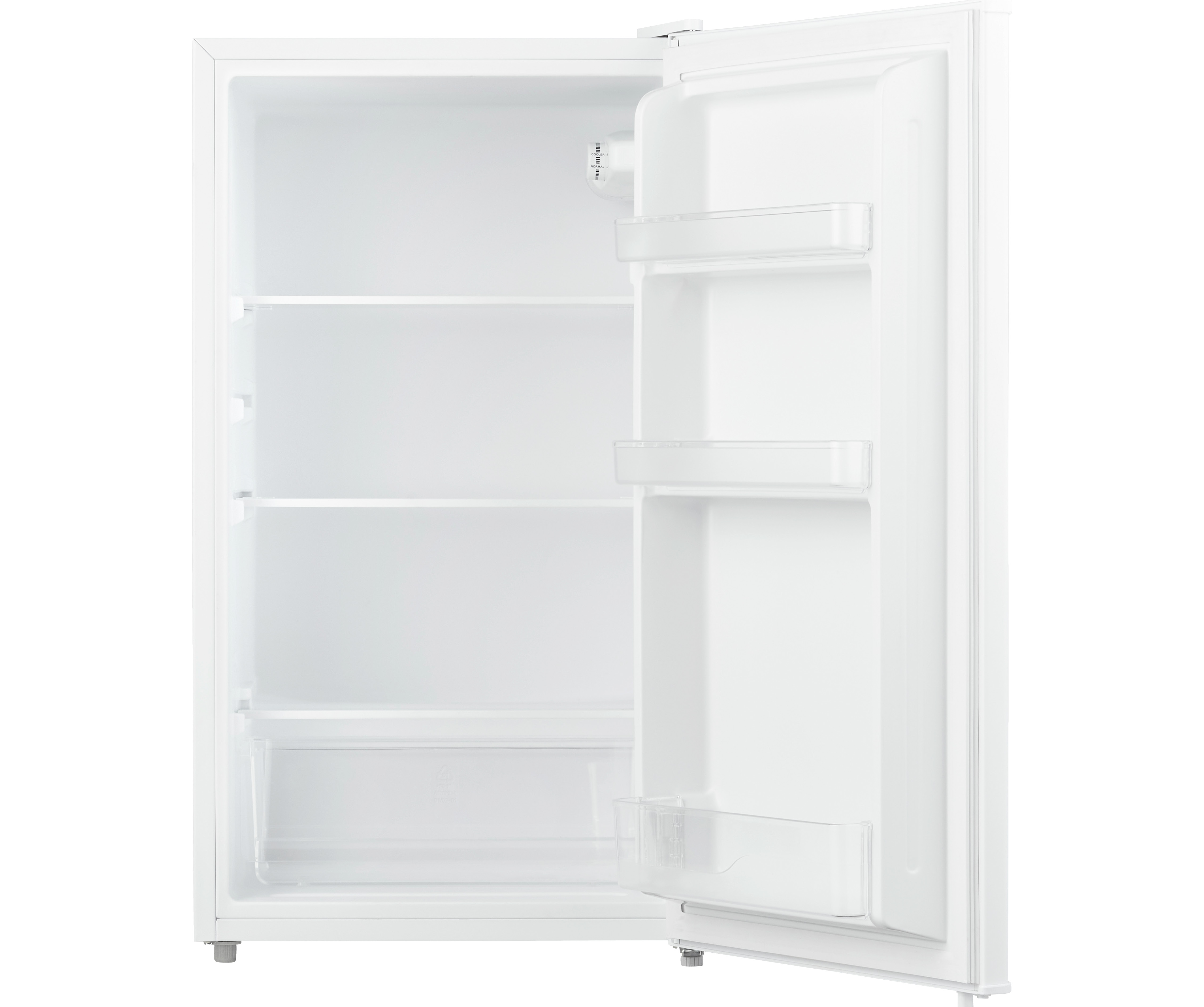 Un réfrigérateur blanc avec la porte ouverte, montrant les étagères.