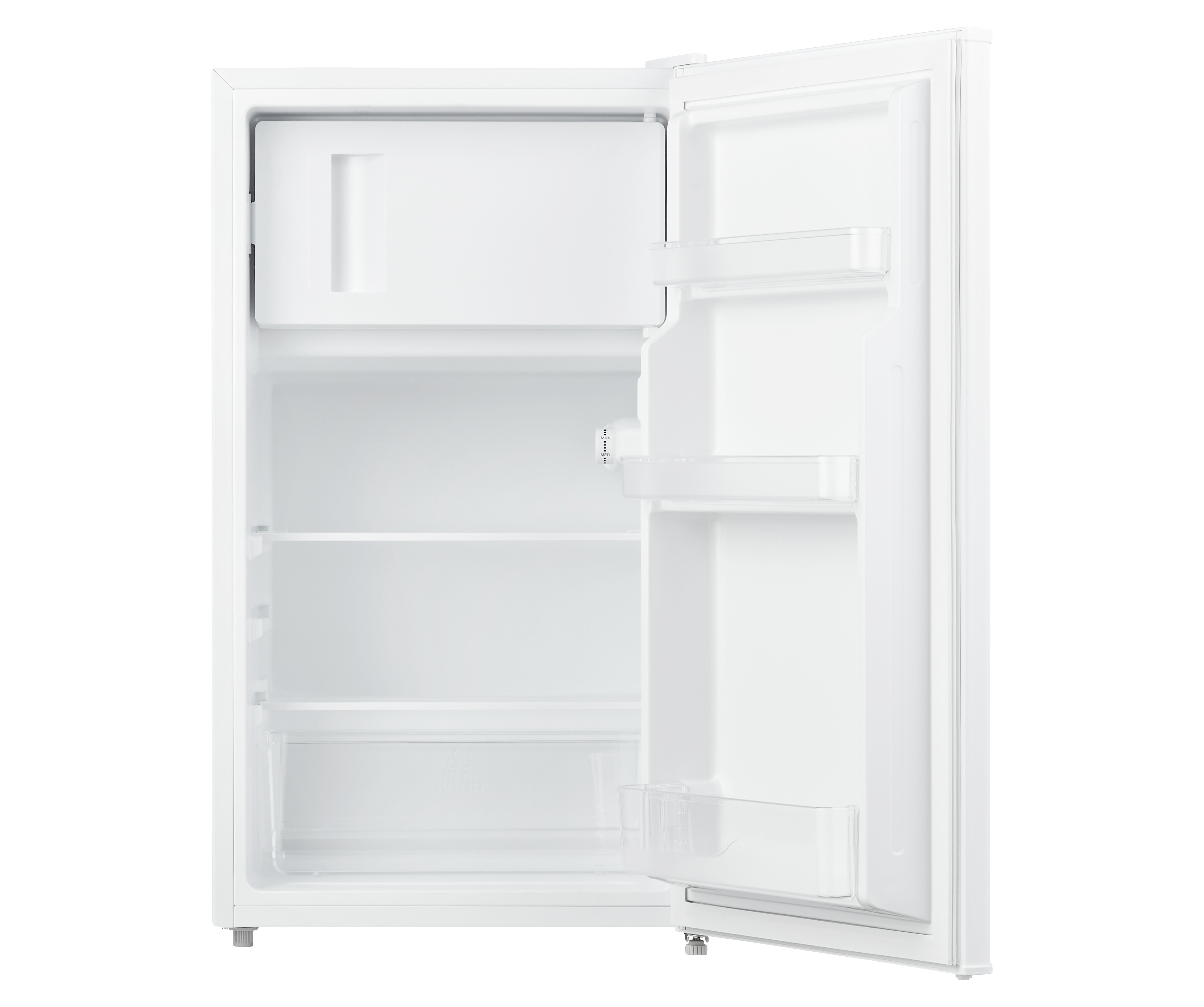 Réfrigérateur blanc avec la porte ouverte. Étagères intérieures visibles.
