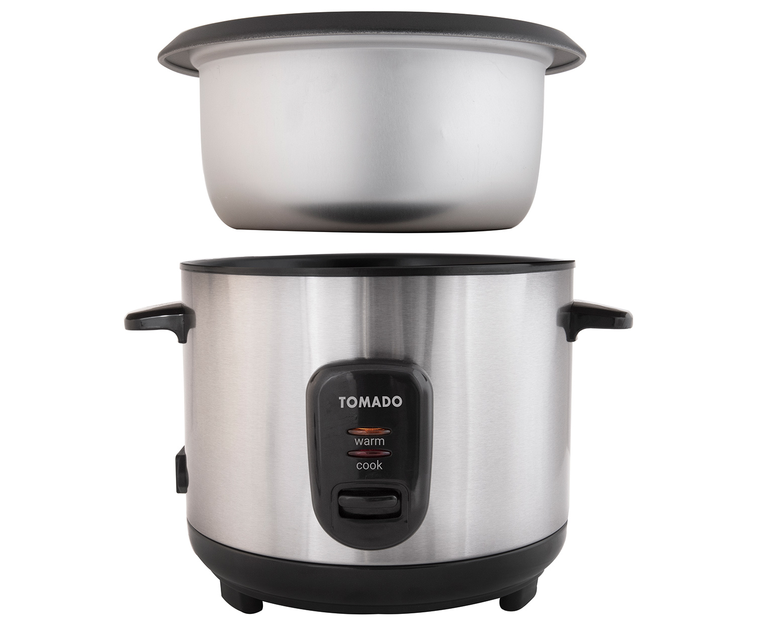 A stainless steel rice cooker with its lid off on a white background.